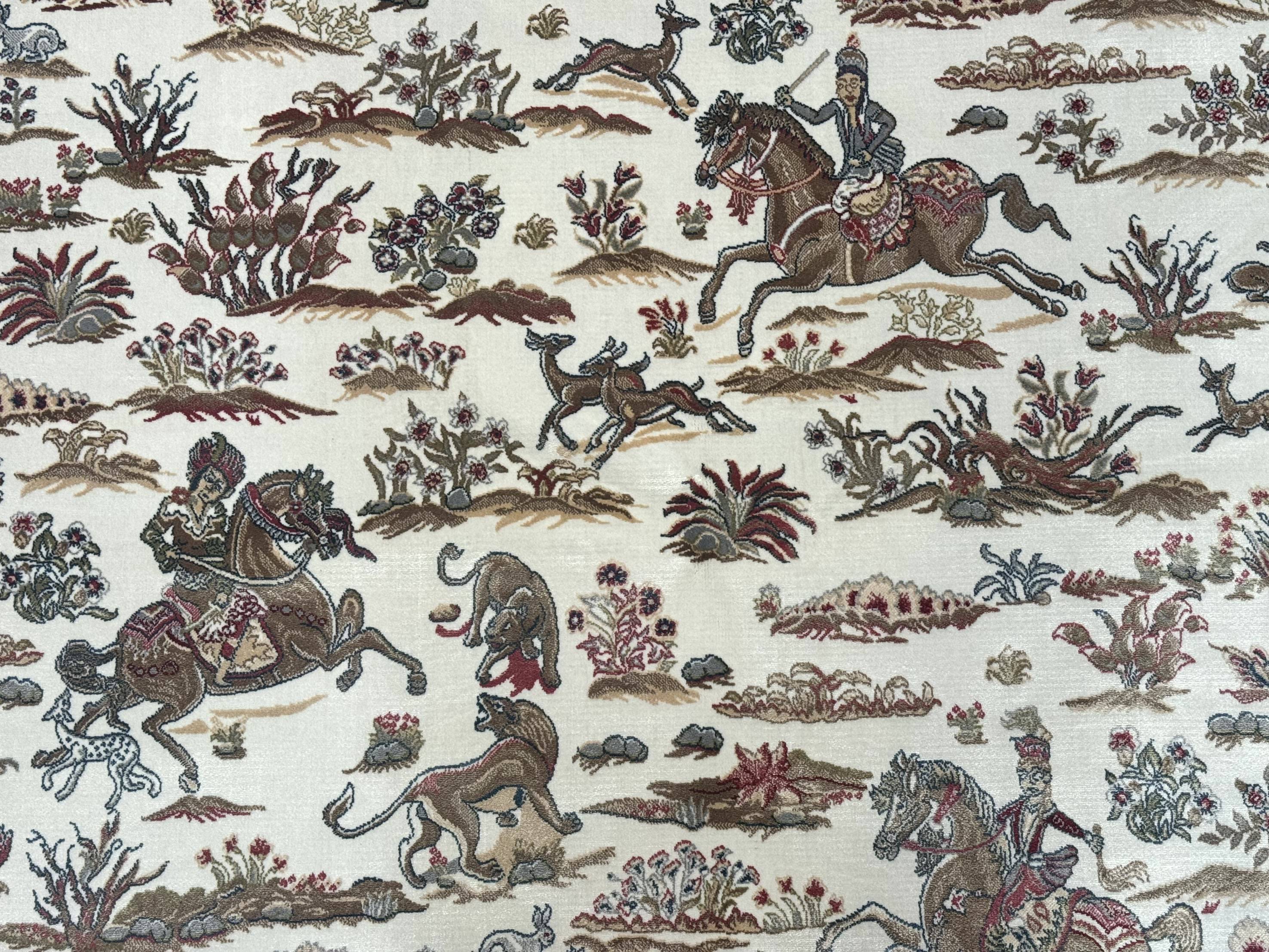 Turkish Silk Rug 5x8, Ivory, Hunting Design, Animal Pictorials, Bamboo Silk