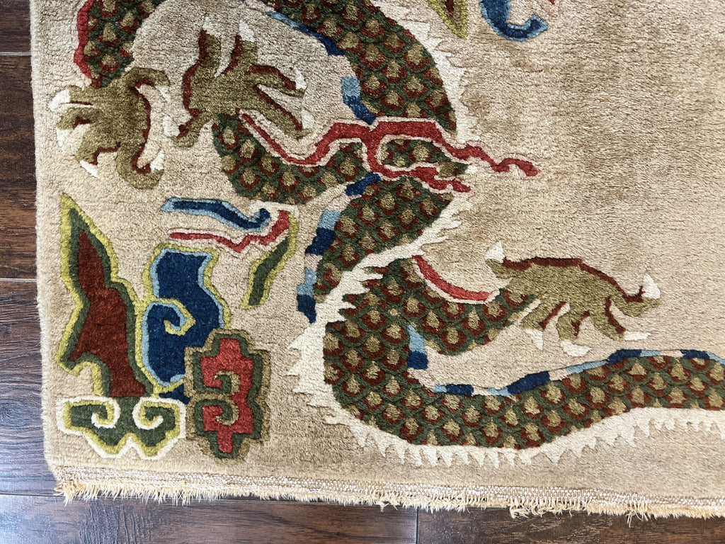 Antique Chinese Peking Rug 3 x 5.6, Dragon Motifs, Handmade Wool Asian Oriental Carpet