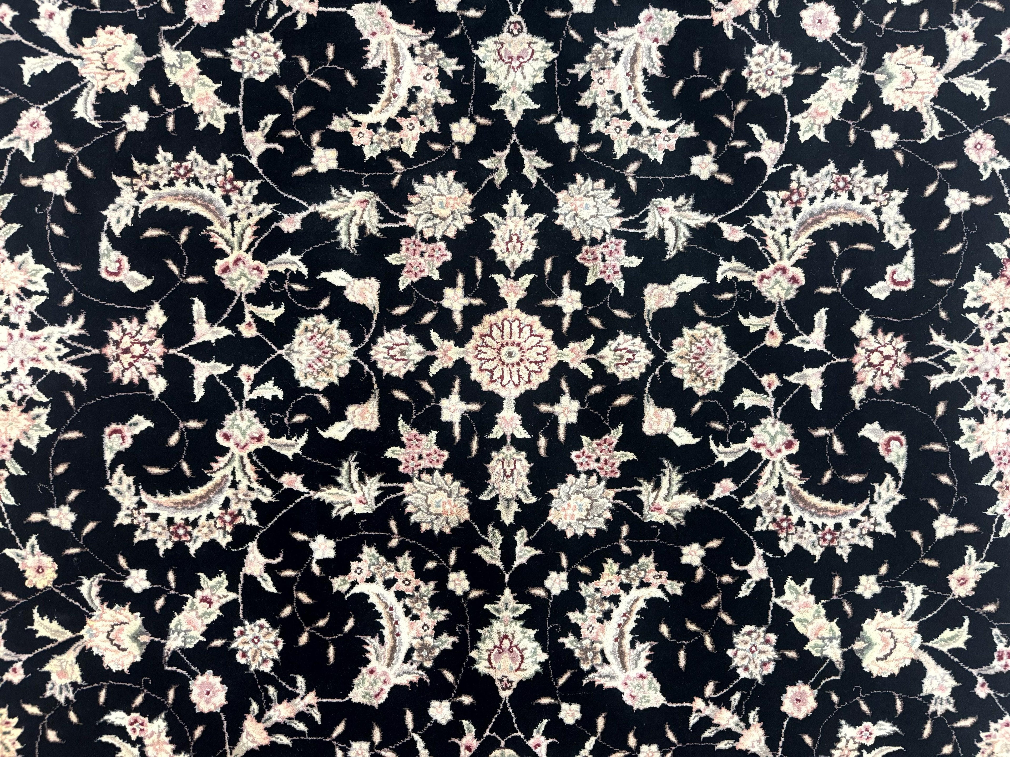 Sino Persian Rug 6x9, Black and Ivory, Wool and Silk Highlights, Handmade