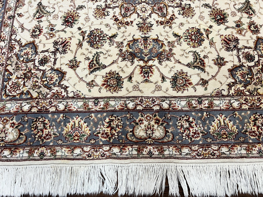 Sino Persian Square Rug 5x5, Very Fine Oriental Carpet, Wool & Silk Highlights, Ivory, Hand Knotted Handmade Vintage Traditional Rug