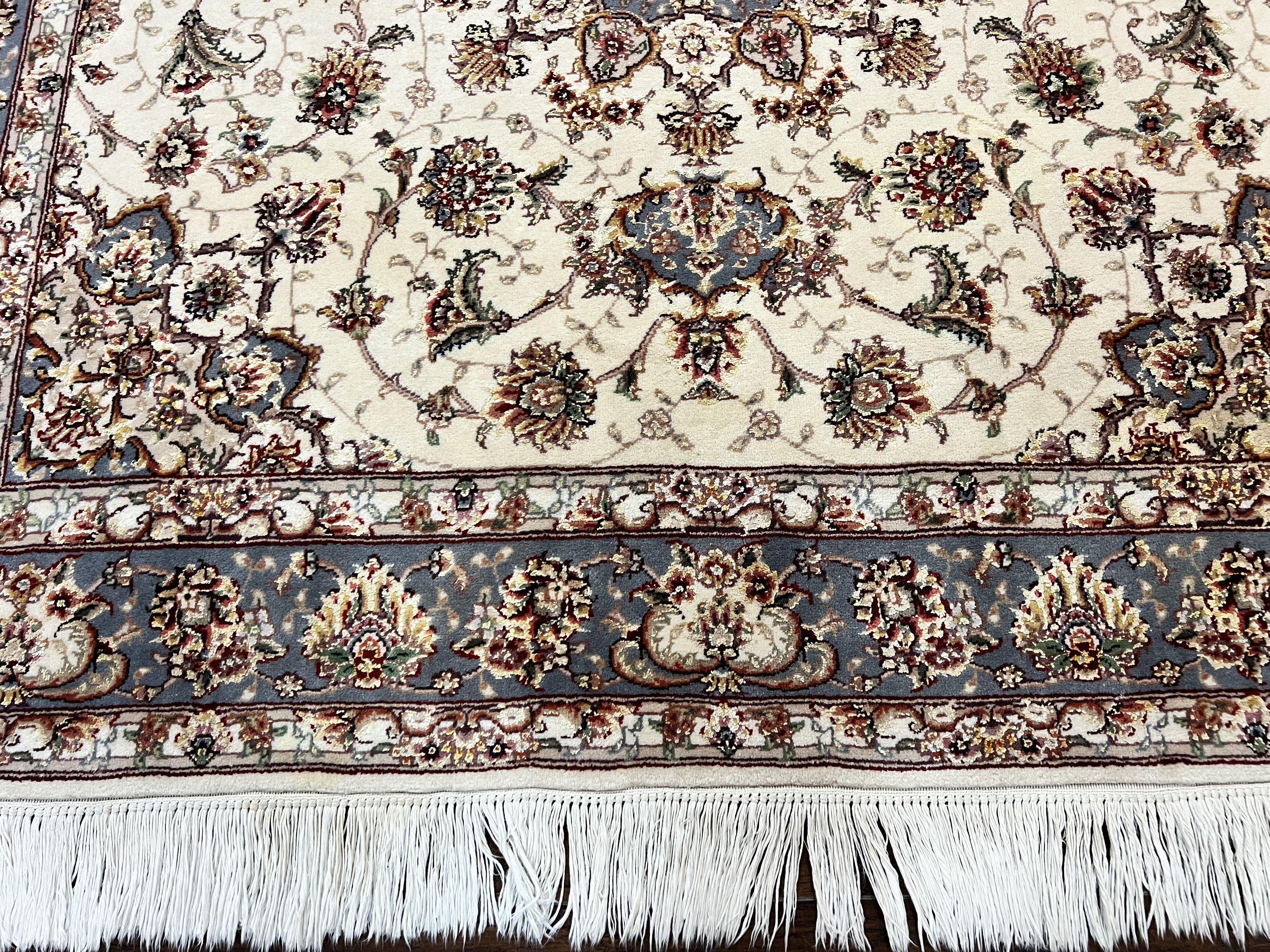 Sino Persian Square Rug 5x5, Very Fine Oriental Carpet, Wool & Silk Highlights, Ivory, Hand Knotted Handmade Vintage Traditional Rug