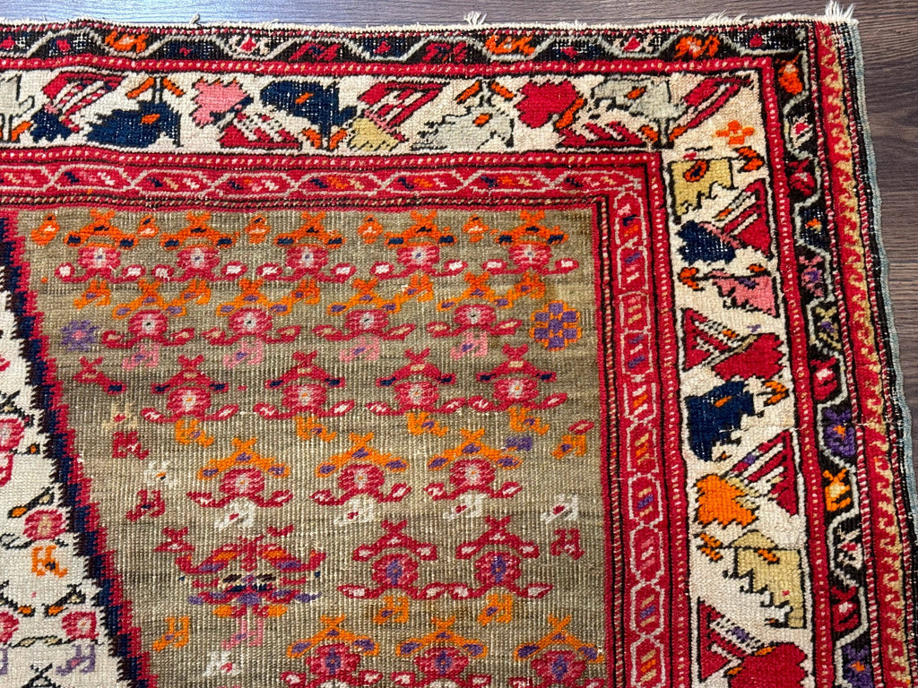 Antique Persian Malayer Rug 4x7, Tribal Senneh Carpet, Geometric, Diamond Design
