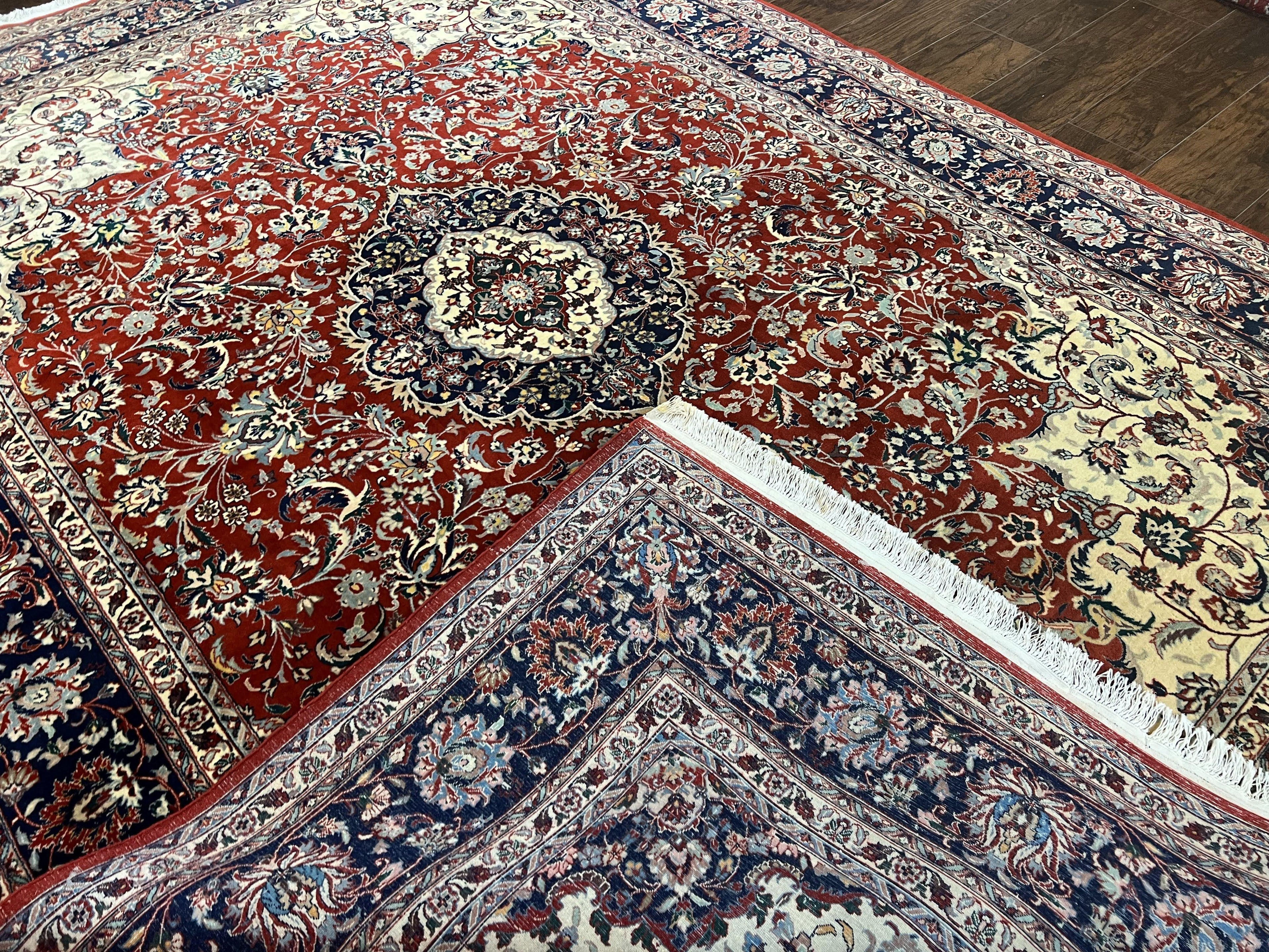 Fine Sino Persian Rug 7x10 ft, Floral Central Medallion Oriental Carpet, Red Navy Blue Cream, Hand Knotted Wool Traditional Vintage Rug