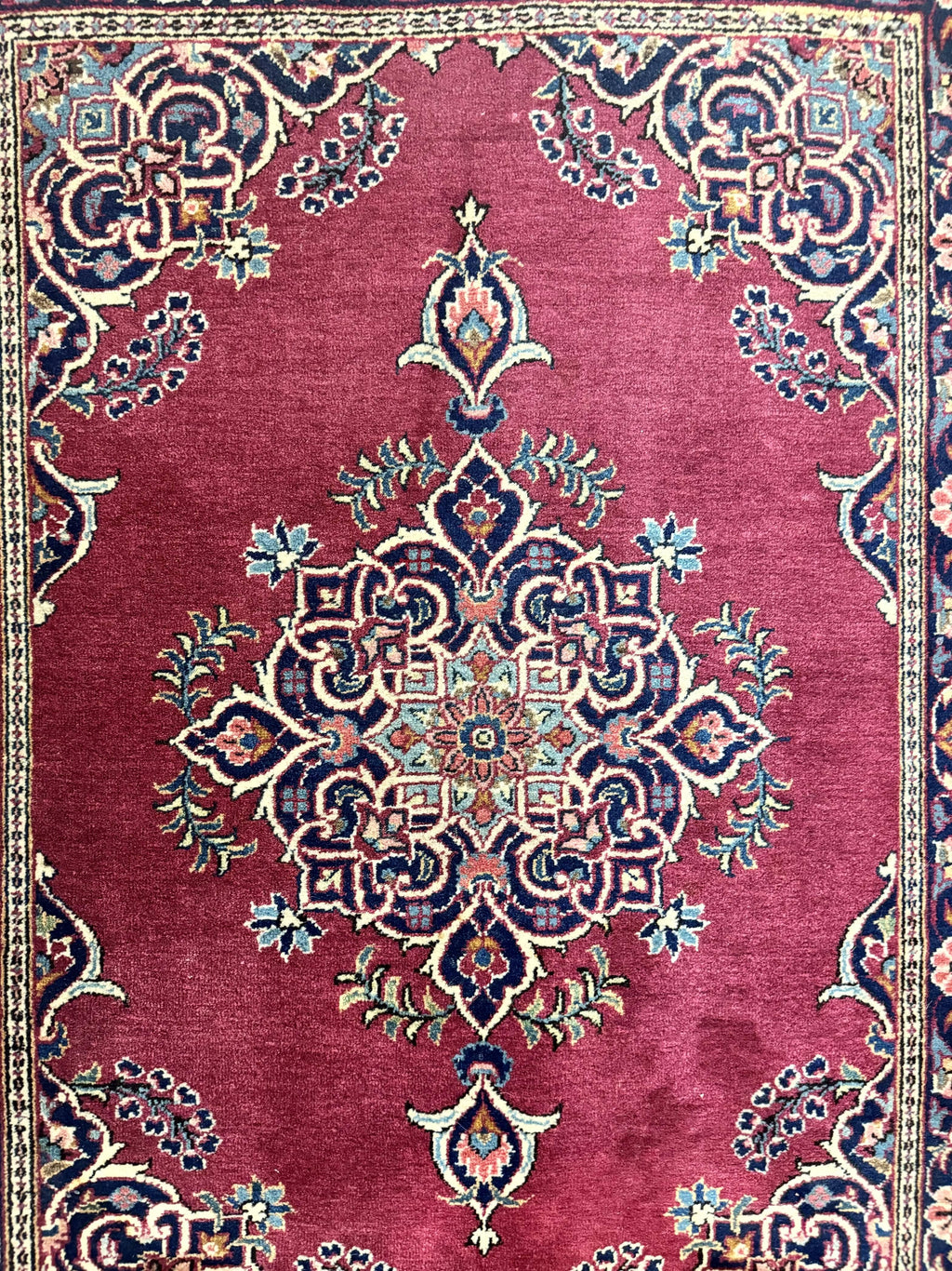 Small Persian Kashan Rug 2x3, Red and Navy Blue, Handmade Vintage Wool Semi Antique Persian Carpet, Semi Open Field
