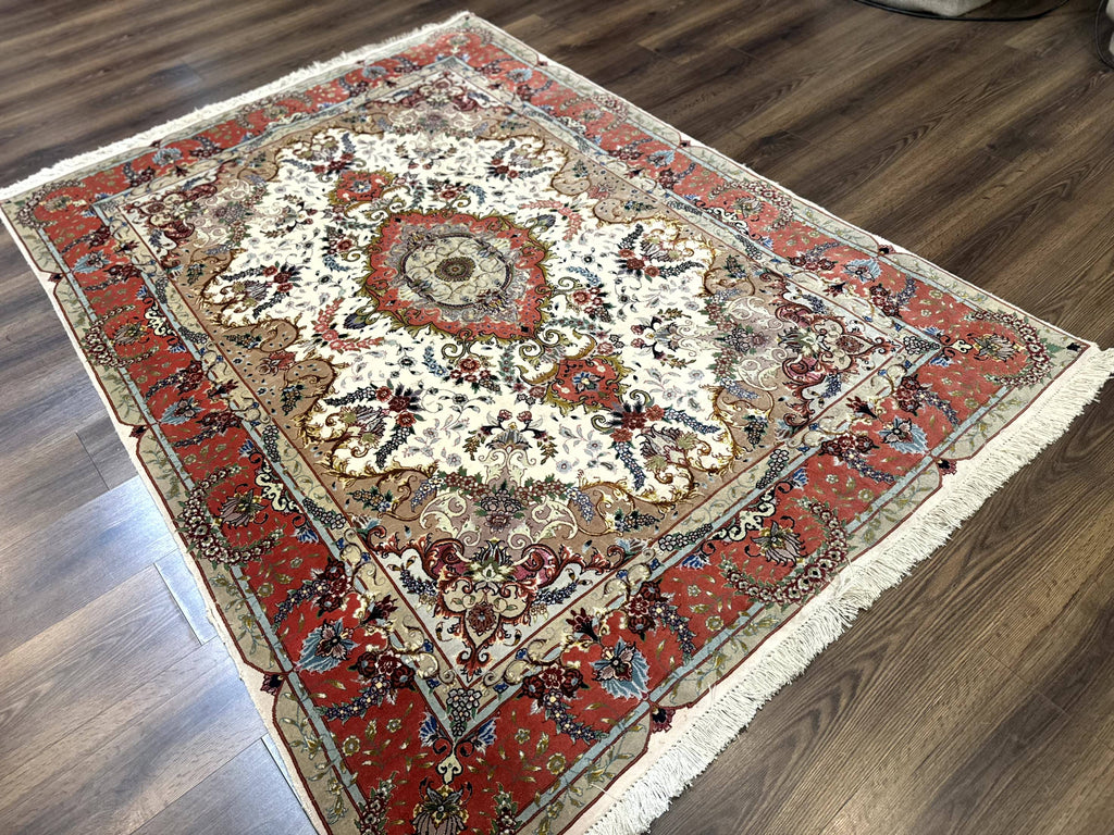 Wonderful Persian Tabriz Rug 5x7, Very Fine 440 KPSI, Ivory and Coral, Rare