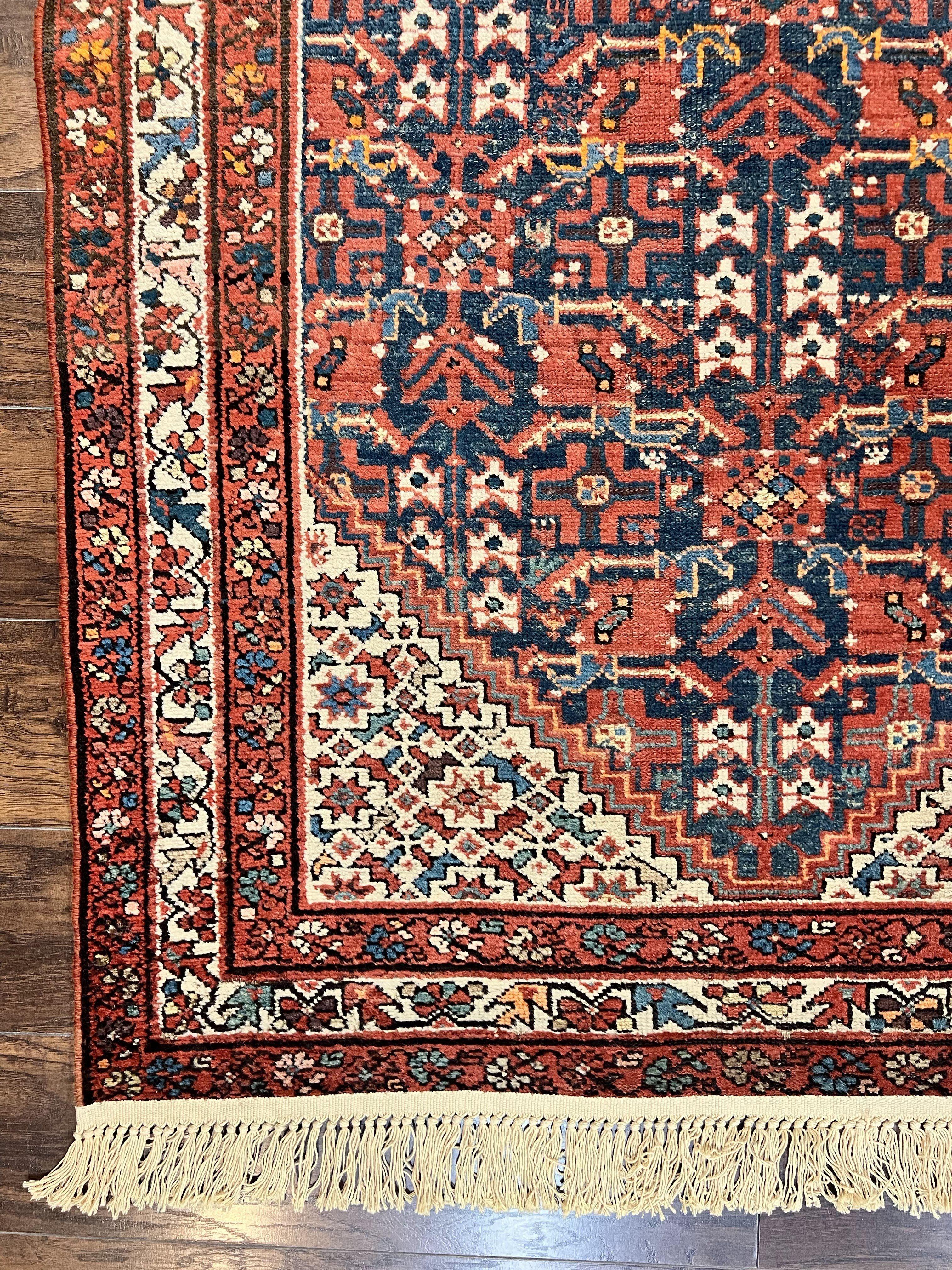 Persian Malayer Rug 4x7, Tribal Rug, Geometric, Antique Oriental Carpet, Red Blue Cream, Boho Rug, Hand Knotted Wool Rug