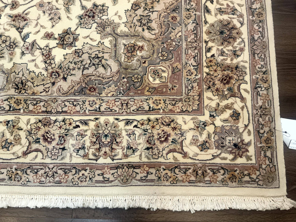 Sino Persian Rug 6x9, Floral Medallion, Ivory & Taupe, Wool with Silk Highlights, Fine 210 KPSI