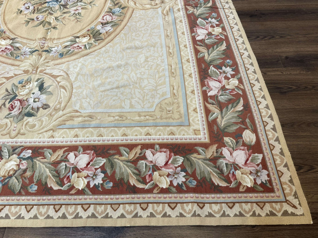 Needlepoint Rug 8x10, Aubusson Savonnerie European Carpet, Floral, Elegant