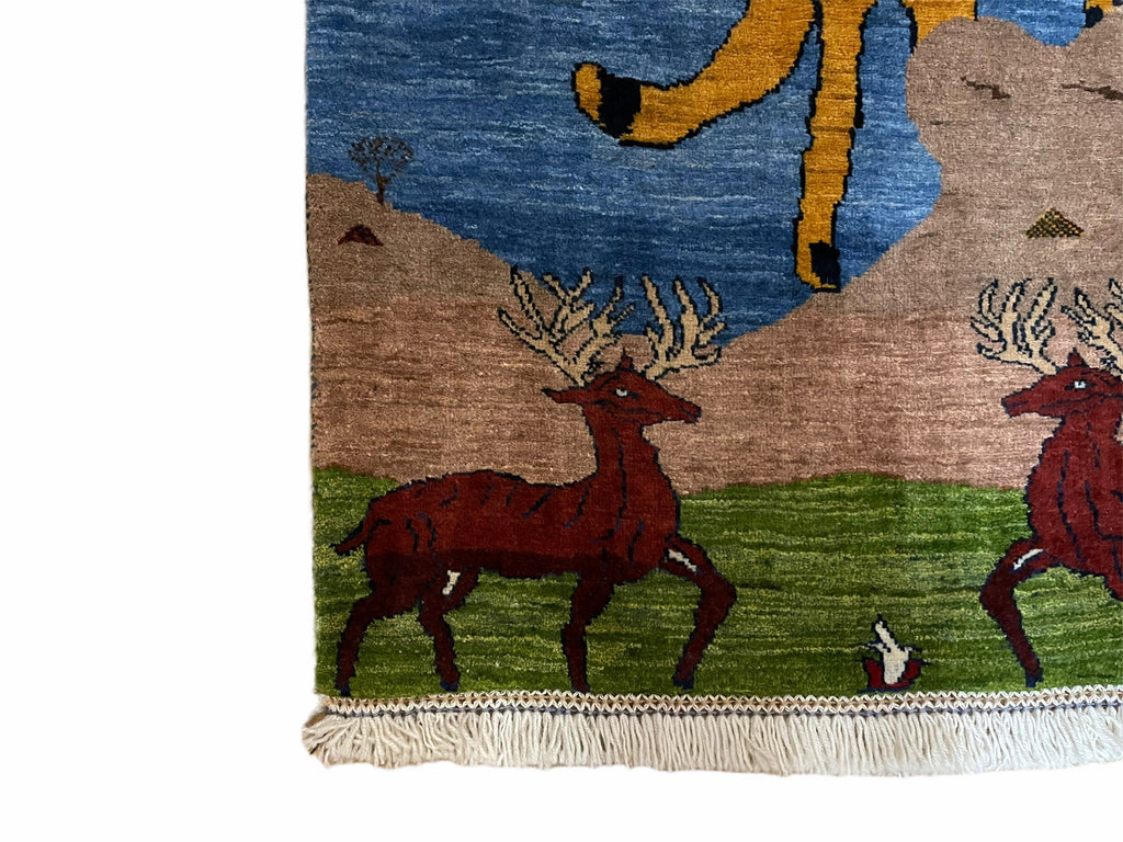 3 x 5 Handmade New Vintage Wool Blue Rug Leopard Lion Jaguar Deer Organic Dyes