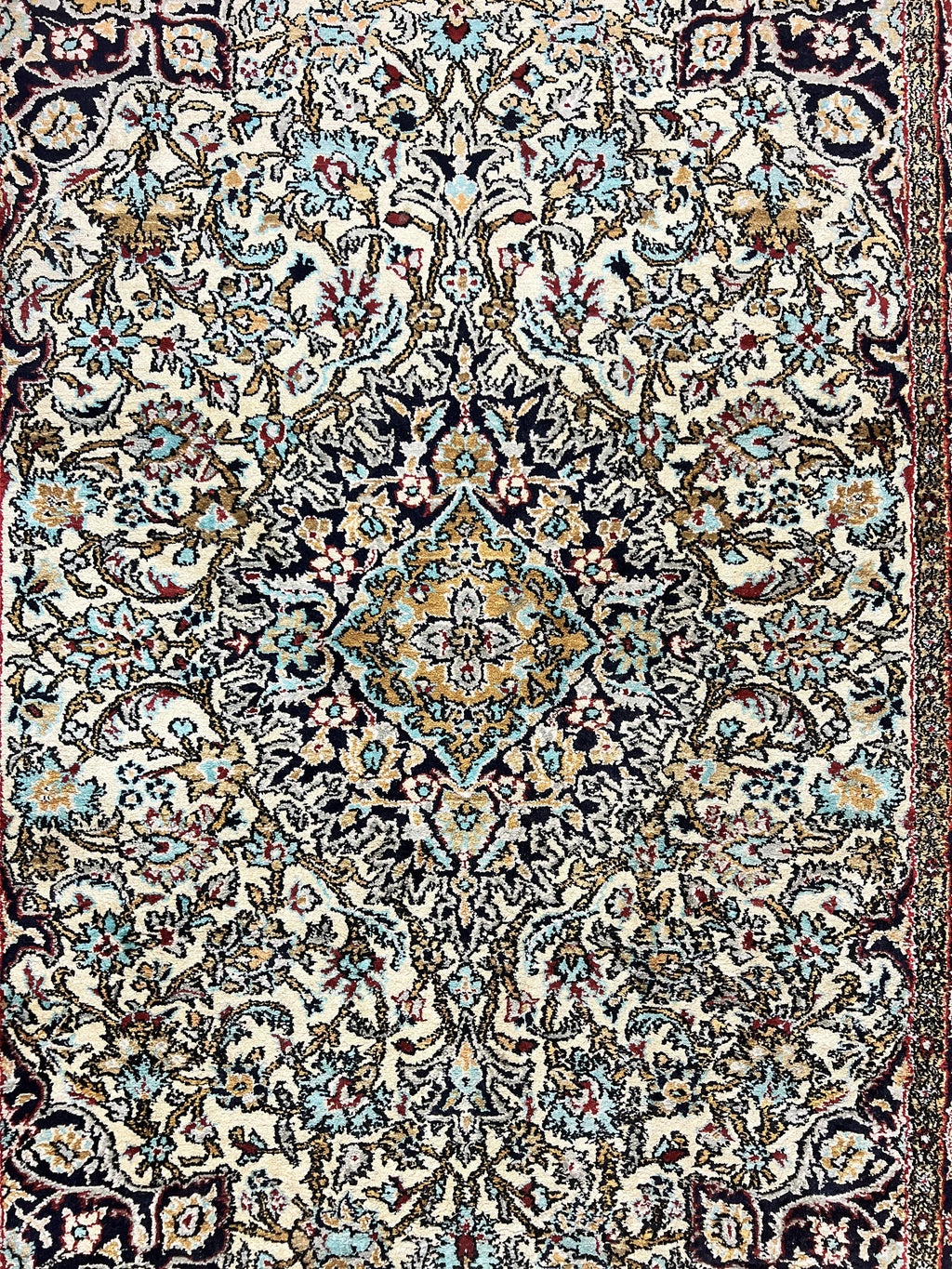 Silk Persian Qum Rug 4x5, Hand Knotted Vintage Carpet, Cream & Navy Blue, Silk Pile on Silk Foundation, Very Fine 360 KPSI