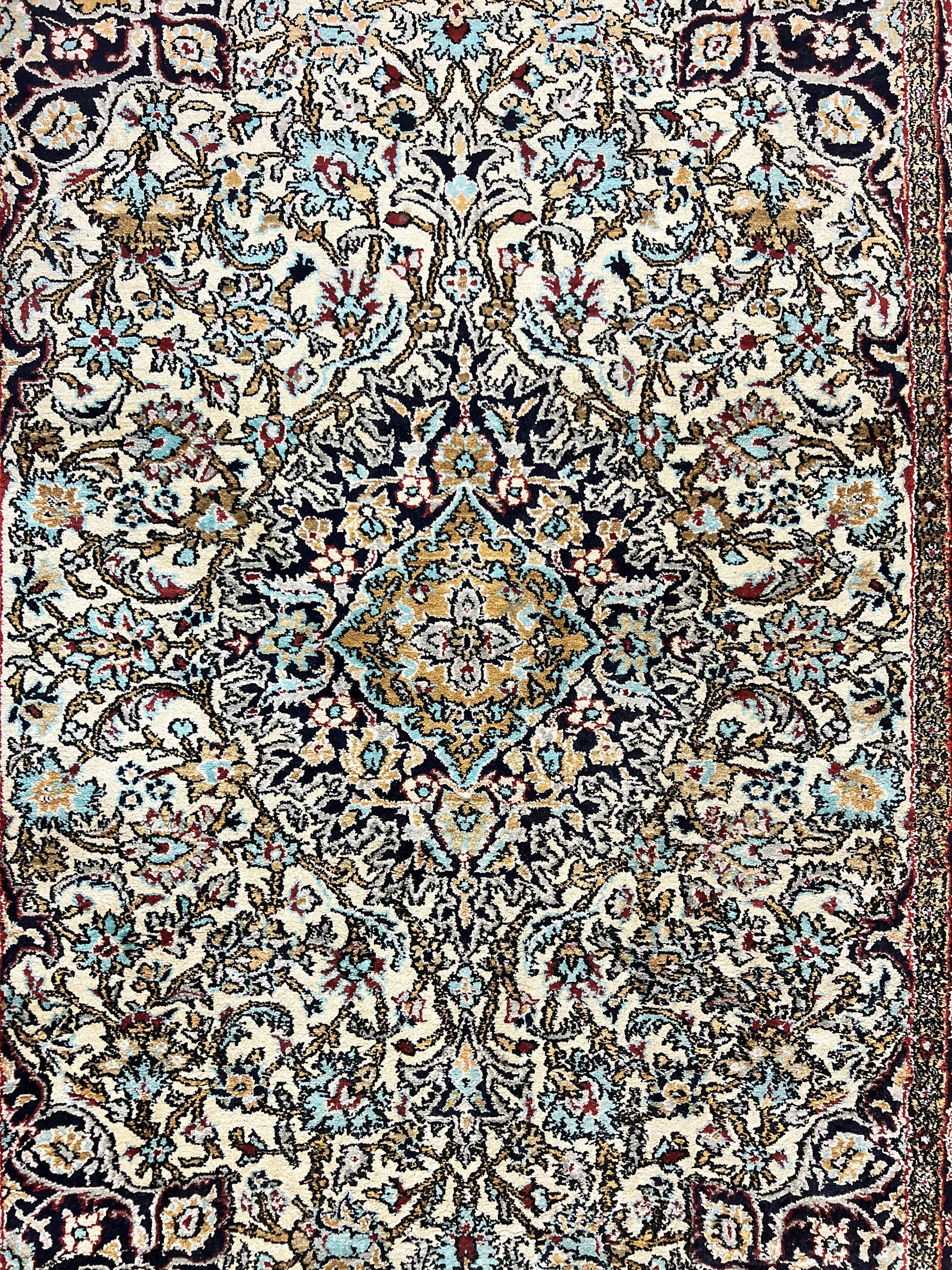 Silk Persian Qum Rug 4x5, Hand Knotted Vintage Carpet, Cream & Navy Blue, Silk Pile on Silk Foundation, Very Fine 360 KPSI