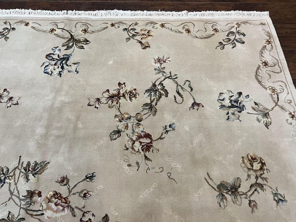 Chinese 120 Line Rug 8x10, Chinese Aubusson Wool & Silk Highlights Handmade Vintage Carpet, Beige Fine Weave Rug, Floral European Design
