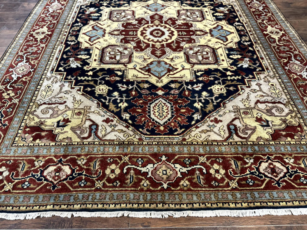 Indo Persian Heriz Rug 8x10, Geometric Medallion, Serapi Carpet, Wool Vintage Rug