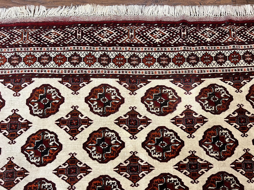 Persian Turkoman Rug 7x8, Almost Square Rare, Hand Knotted, Yamud, Bohemian Rug, Handmade Tribal Rug, Cream Red, Handmade Oriental Carpet