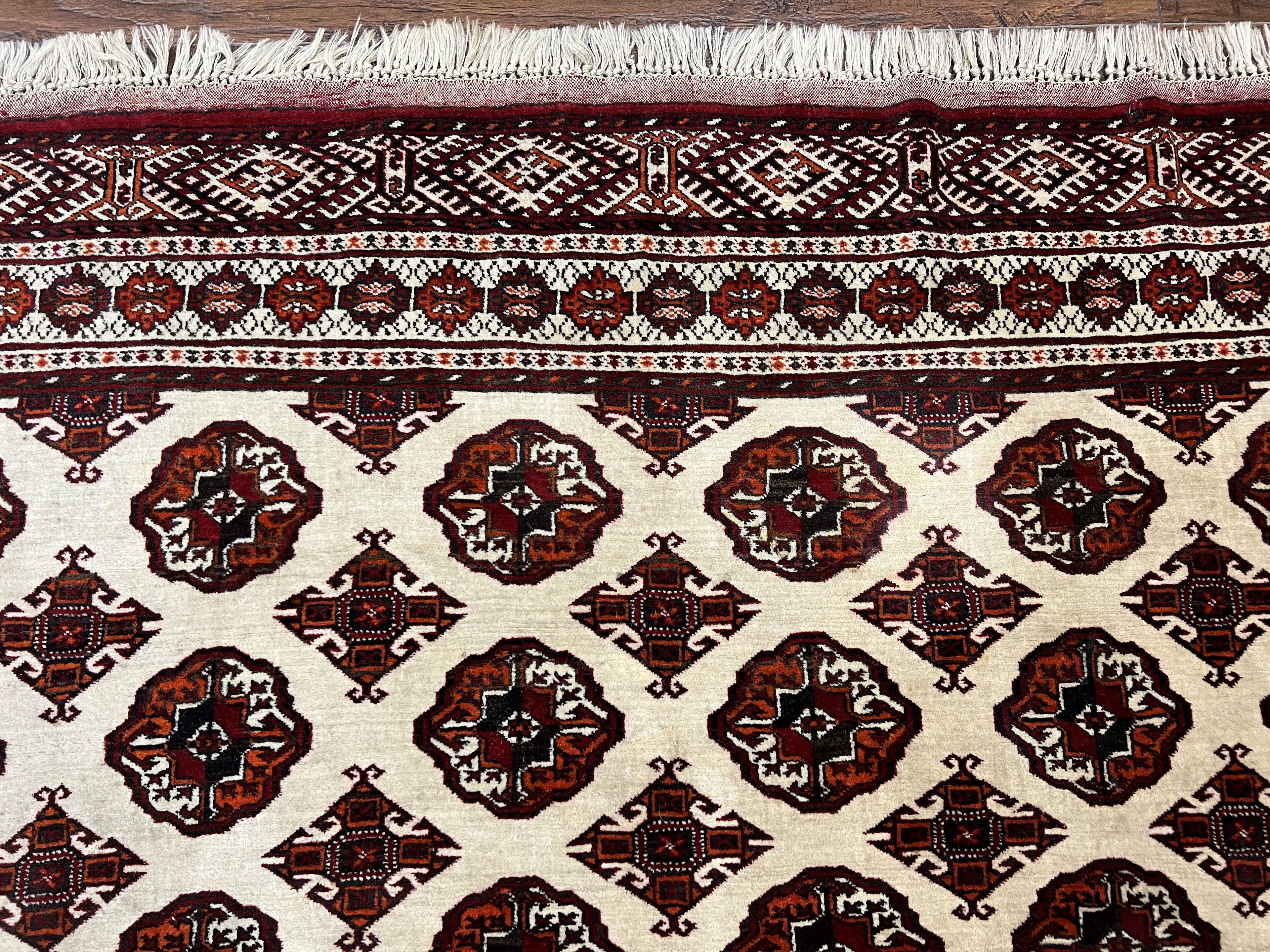 Persian Turkoman Rug 7x8, Almost Square Rare, Hand Knotted, Yamud, Bohemian Rug, Handmade Tribal Rug, Cream Red, Handmade Oriental Carpet