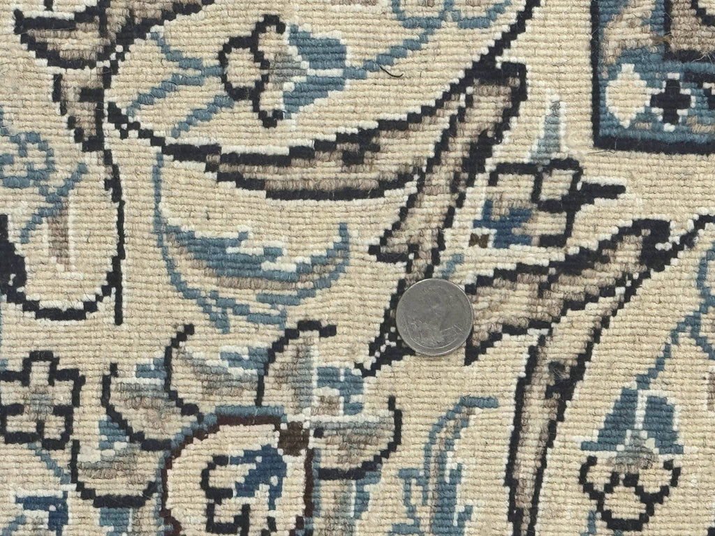 Persian Nain Rug 8x11, Navy Blue and Ivory, Handmade Wool Vintage Carpet, Floral Medallion