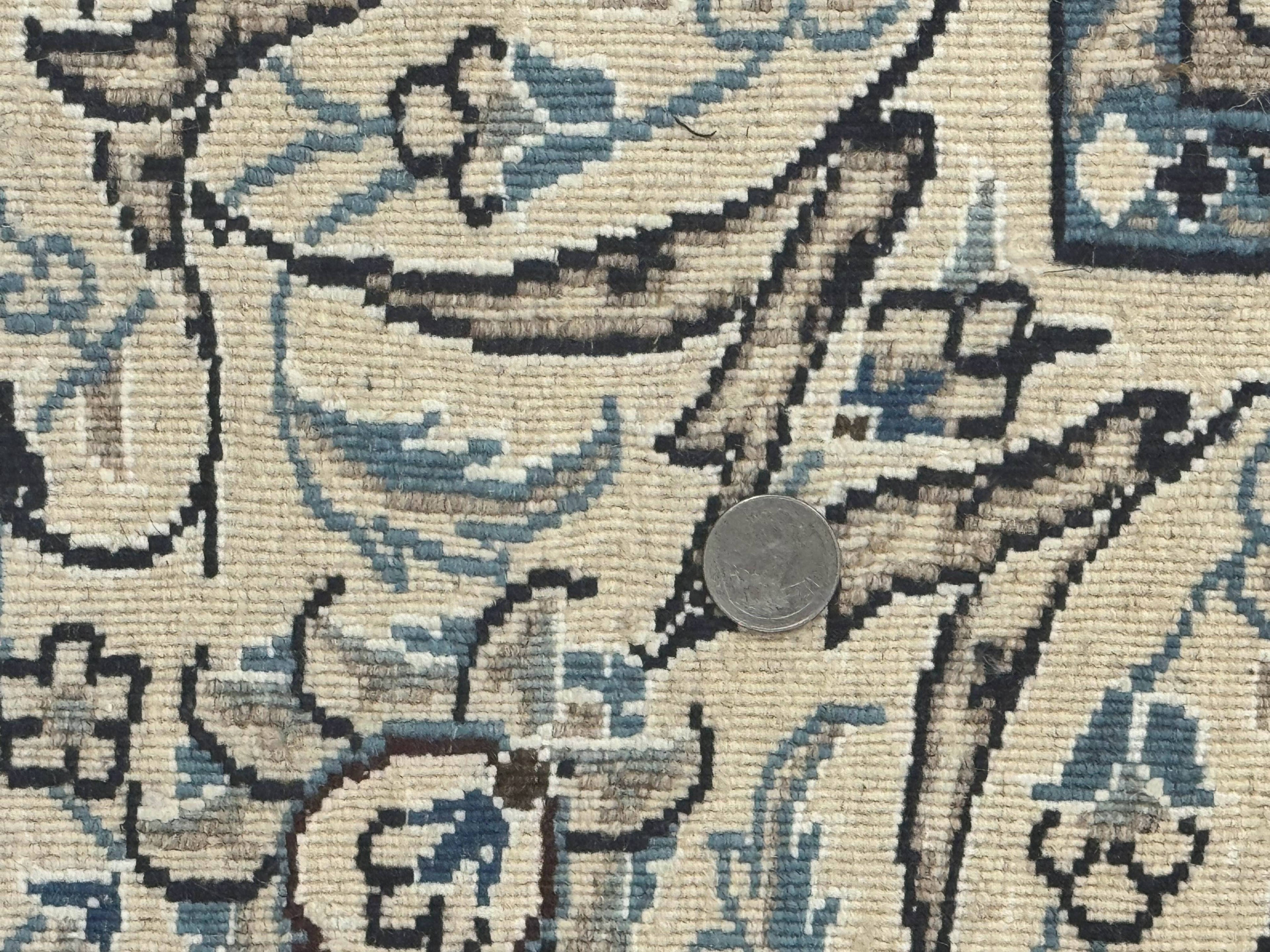 Persian Nain Rug 8x11, Navy Blue and Ivory, Handmade Wool Vintage Carpet, Floral Medallion
