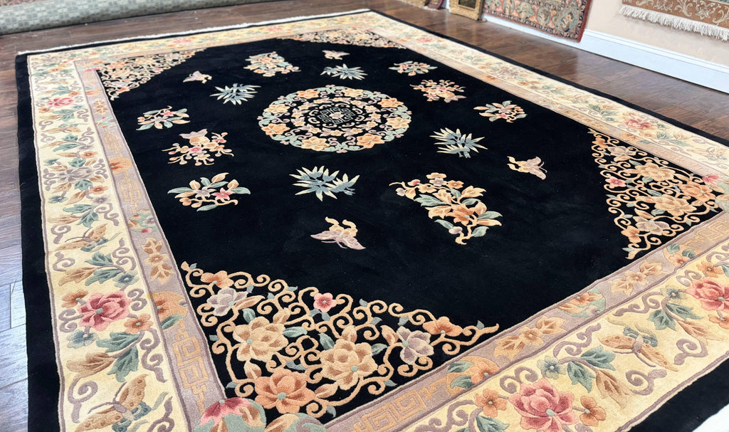 Chinese Wool Rug 9x12, Chinese Carving Carpet, Floral Medallion, Black and Beige, Butterflies, Vintage Asian Oriental Rug, 90 Line Rug