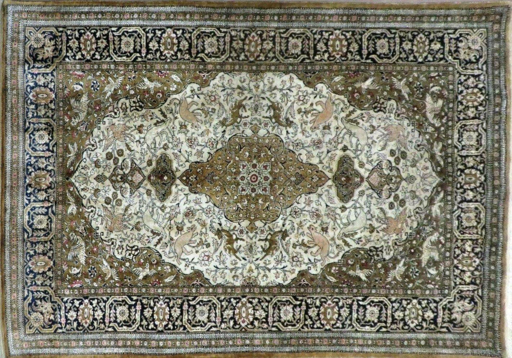 Handmade Silk Rug 3x5, Vintage Antique Silk Carpet, Hand-Knotted Oriental Rug 3 x 5, Animal Motifs, Deer Birds, One-Of-A-Kind