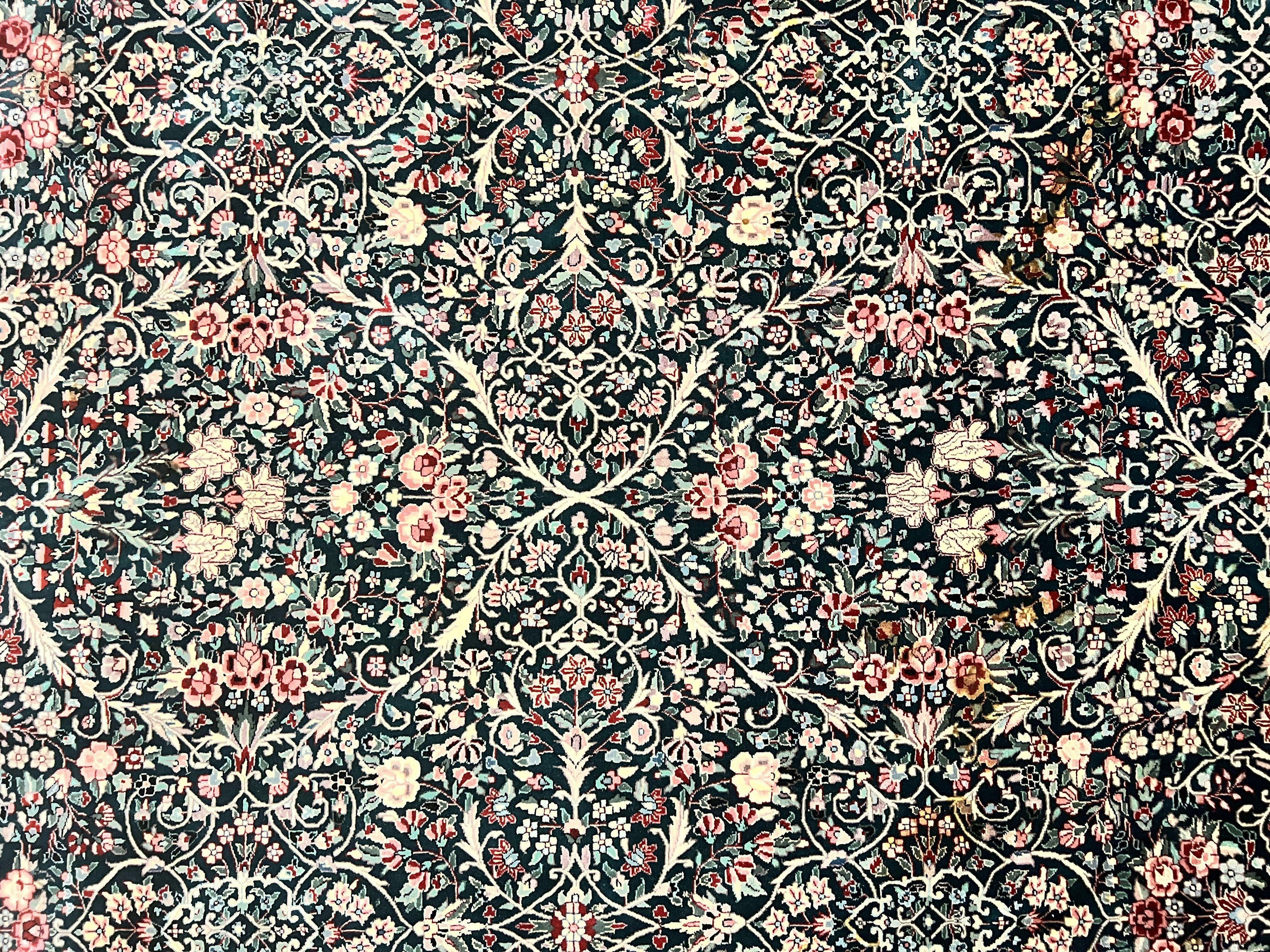 Large Sino Persian Rug 10x14, Wool Hand Knotted Vintage Carpet, Dark Green & Beige, Kirman Floral Rug, Fine Weave, Traditional, Large