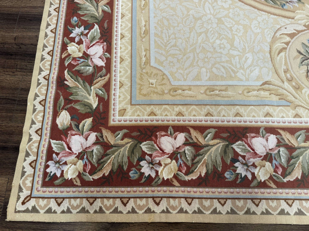 Needlepoint Rug 8x10, Aubusson Savonnerie European Carpet, Floral, Elegant