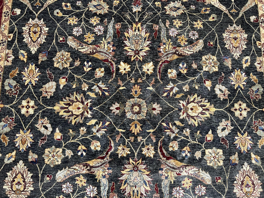 Pak Persian Mahal Rug 9x12, Allover Floral Pakistani Oriental Carpet 9 x 12, Wool Hand Knotted Area Rug, Dark Slate Gray-Black and Maroon