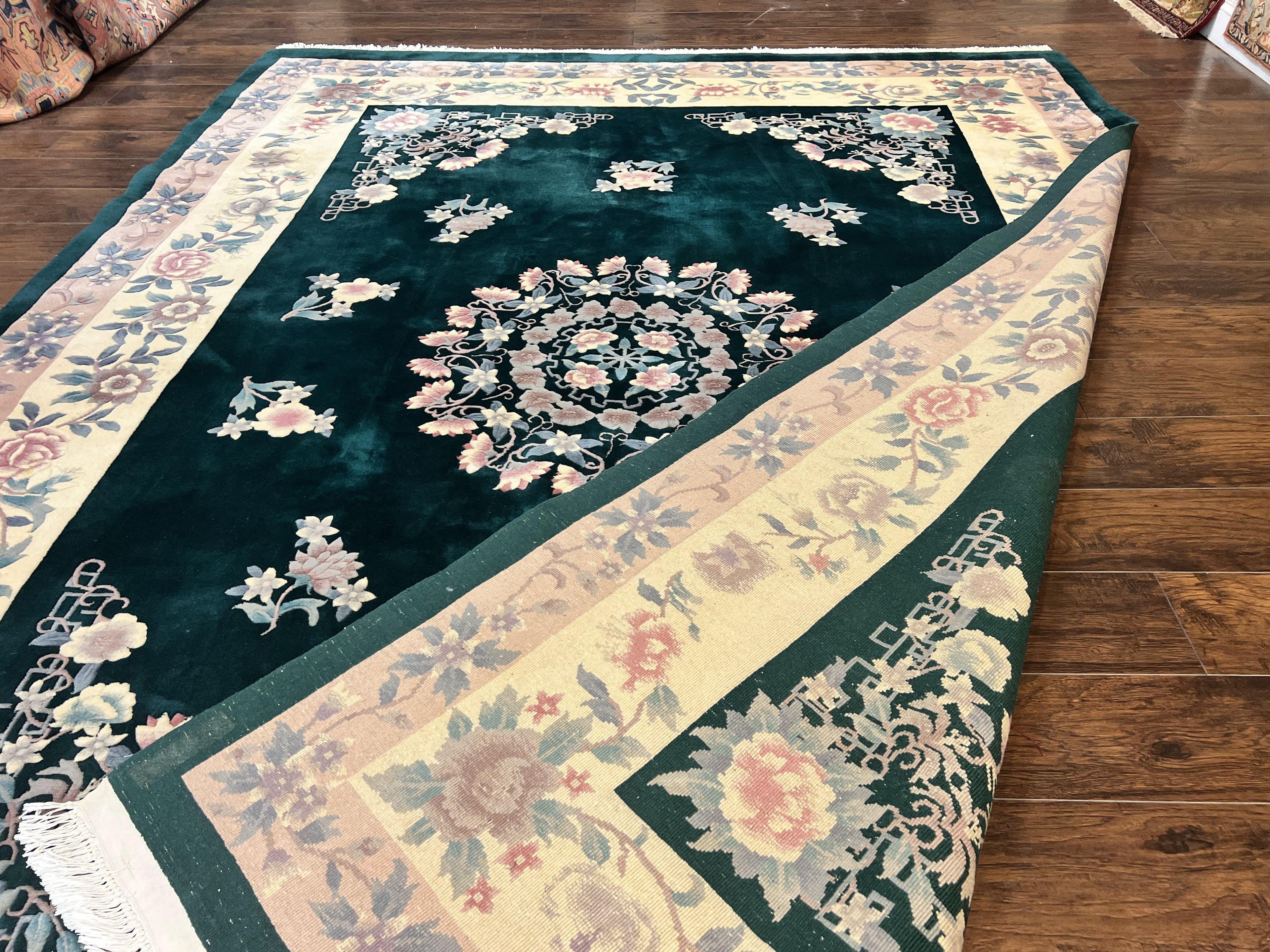 Chinese Art Deco Rug 9x12, Wool Hand Knotted Vintage Carpet, Dark Green & Cream, 90 Line Carving Rug