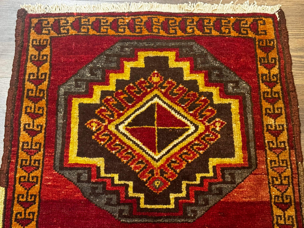 Small Antique Turkish Yastik Rug 2x3, Double Medallions, Geometric, Red, Wool