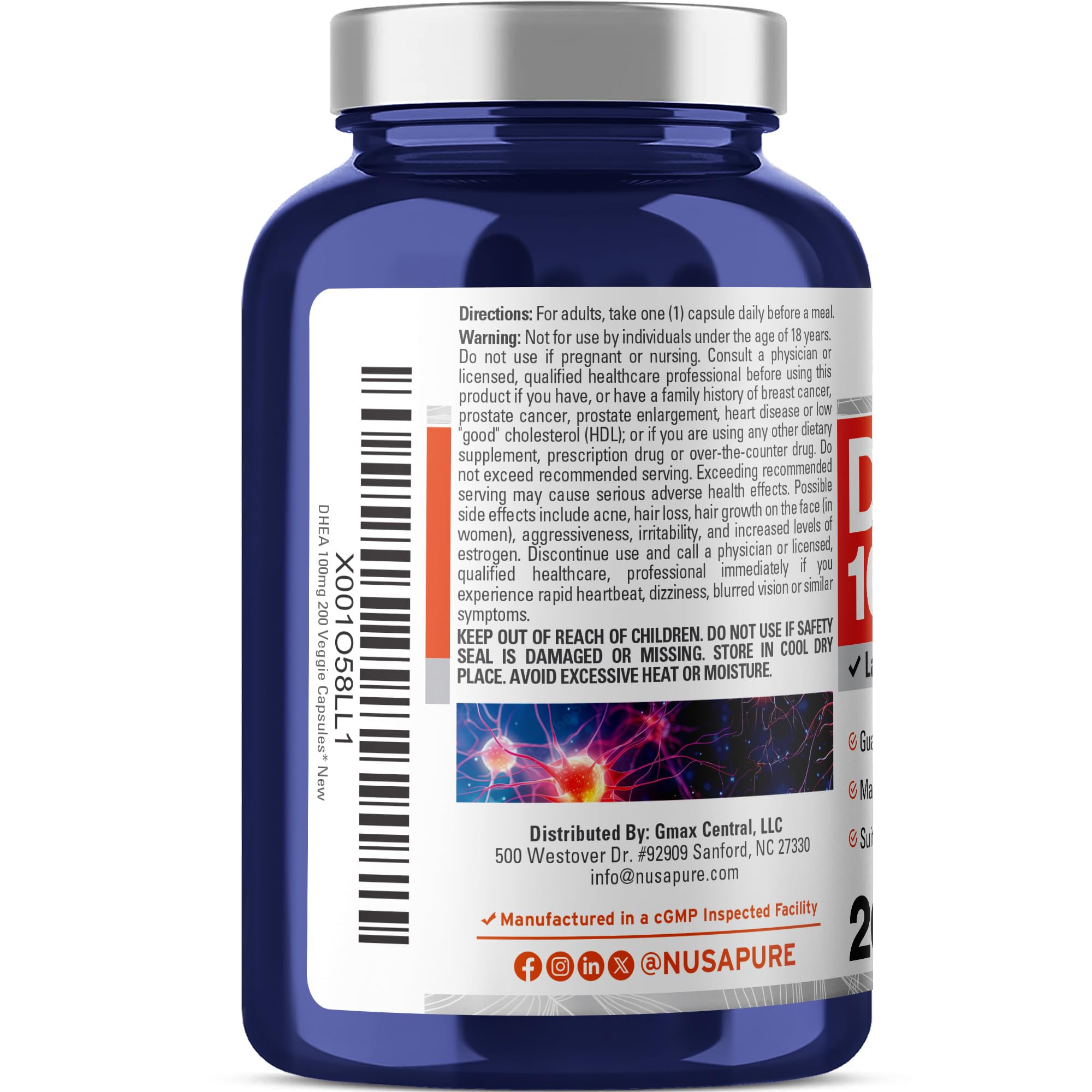 NusaPure DHEA 100mg 200 Veggie Capsules (Vegetarian, Non-GMO)