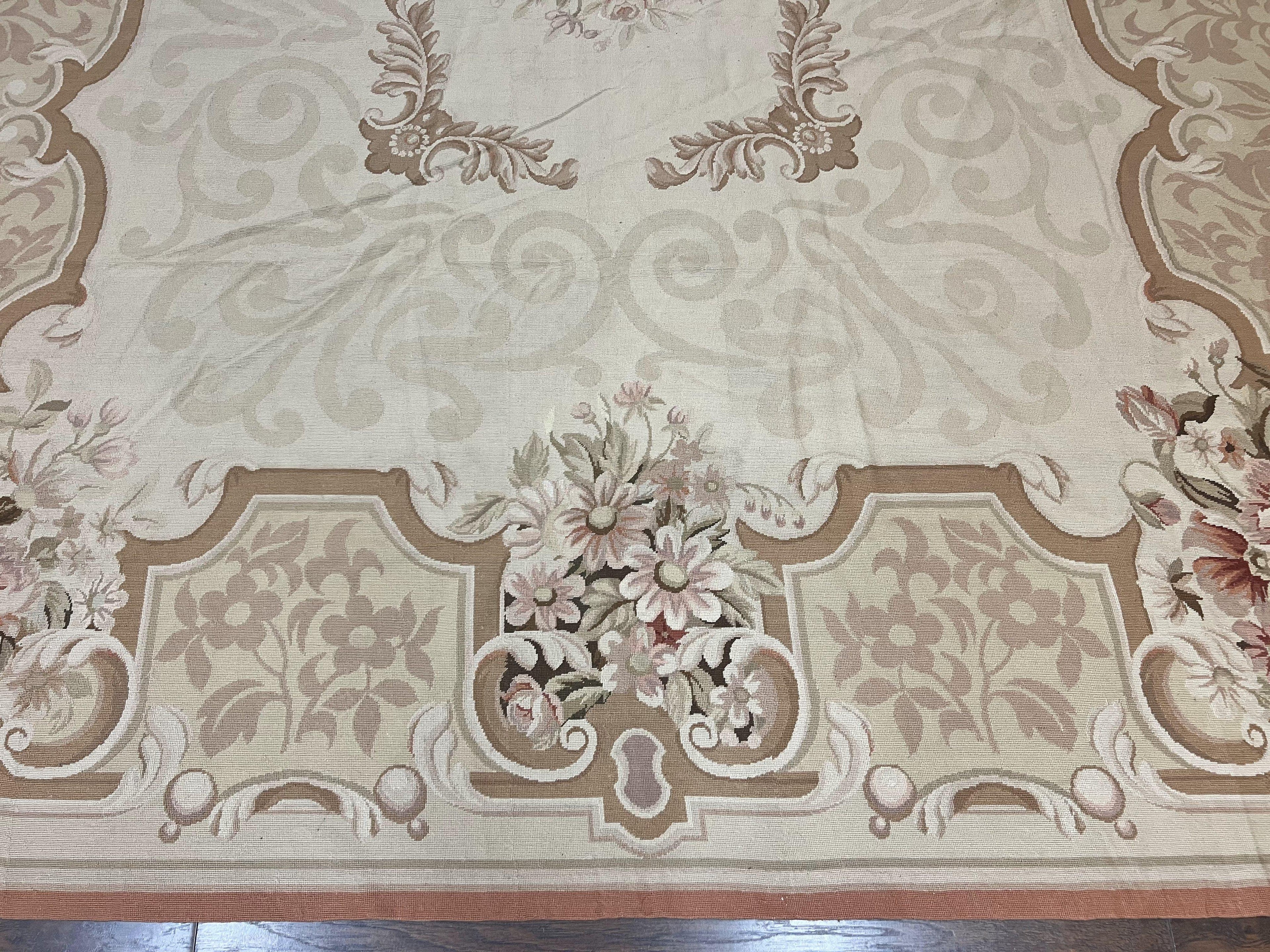 10x14 Aubusson Rug, Wool Handmade Vintage Carpet, French European Design, Elegant