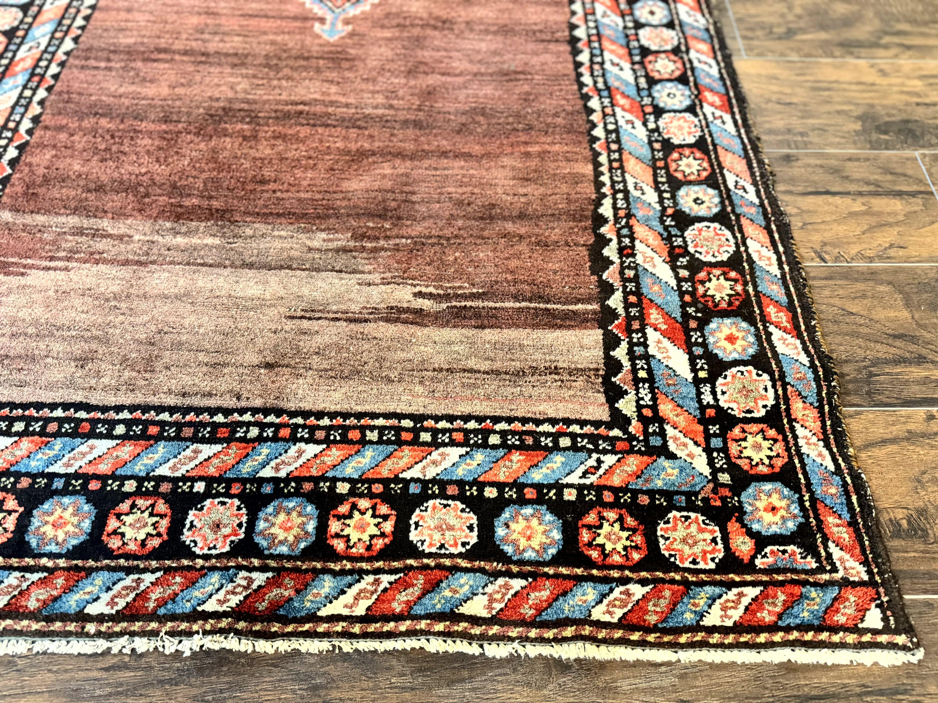 Antique Persian Rug 4x7, Sarab Tribal Wool Carpet, Brown and Multicolor, Handmade Wide Runner Rug 4 x 7, Open Field, Rainbow Border