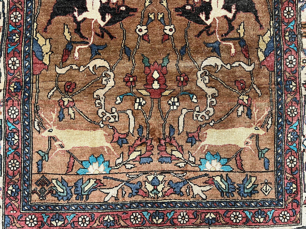 Unique Afghan Silk Rug 4x6, Hunting Pattern Animal Motifs, Light Brown and Cream, Persian Handwritten Poetry, Fine 1940s Oriental Carpet Wow