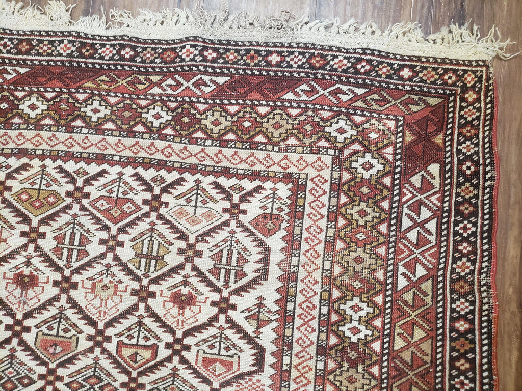 Antique Caucasian Shirvan Rug 4x6, Dagestan Area Rug, Wool Hand-Knotted Soft Red & Ivory 1920s Oriental Carpet, Soft Muted Colors