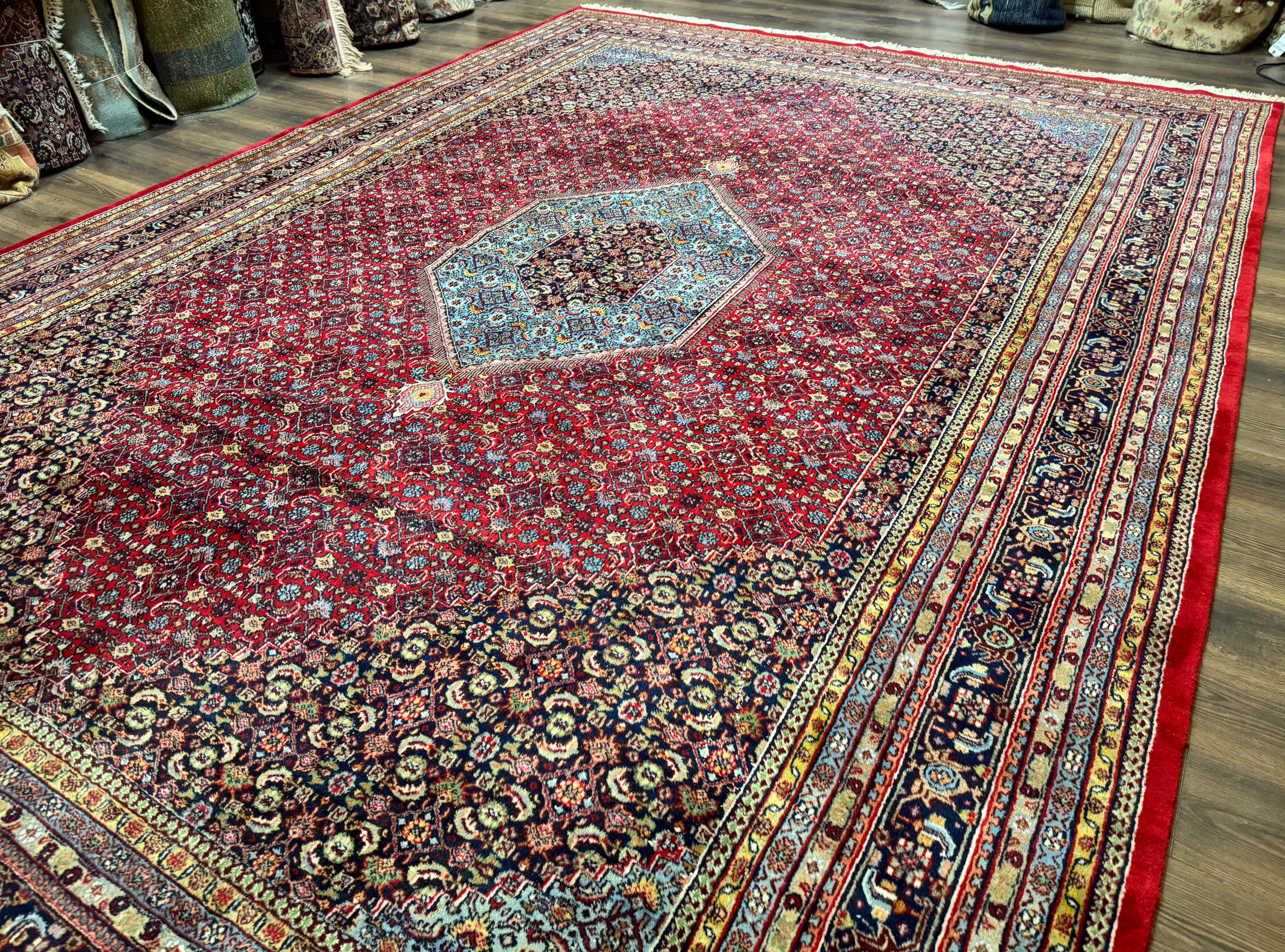 Indo Persian Bidjar Rug 10x14, Red and Dark Blue, Herati Mahi Pattern, Vintage