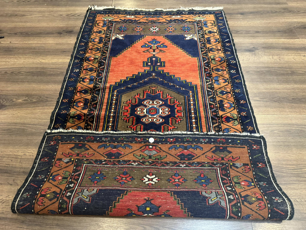 Persian Rug 3x6, Geometric Medallion, Village Tribal Rug, Terracotta and Navy Blue, Antique Nahavand Hamadan Rug