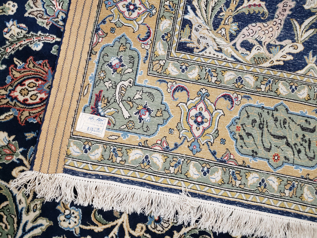 Semi Antique Persian Qum Tree of Life Rug, Hand-Knotted, Wool, Midnight Blue and Tan, Animal Pictorials, Written Poem in Borders, 4' 8" x 7' 8"