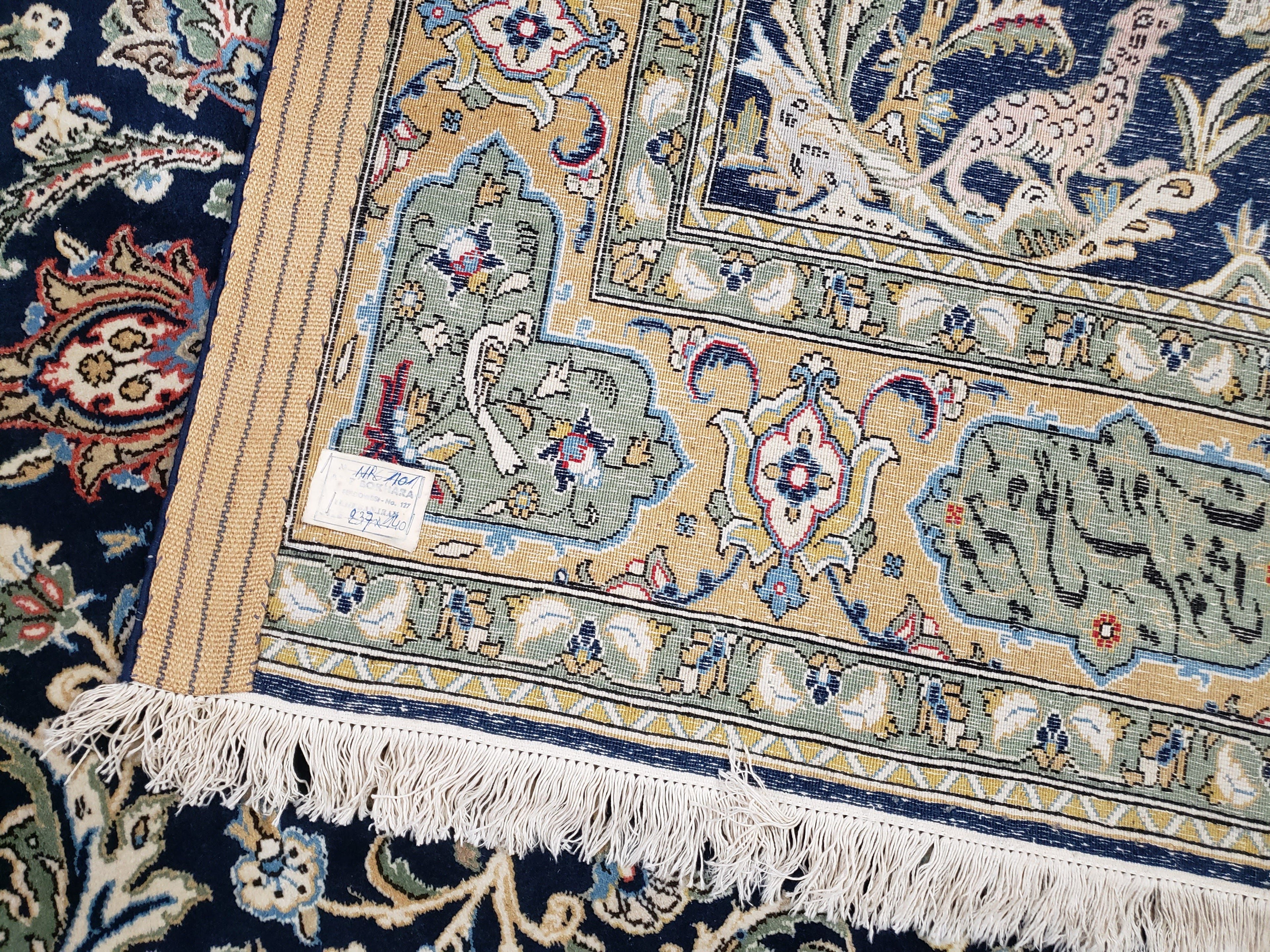 Semi Antique Persian Qum Tree of Life Rug, Hand-Knotted, Wool, Midnight Blue and Tan, Animal Pictorials, Written Poem in Borders, 4' 8" x 7' 8"