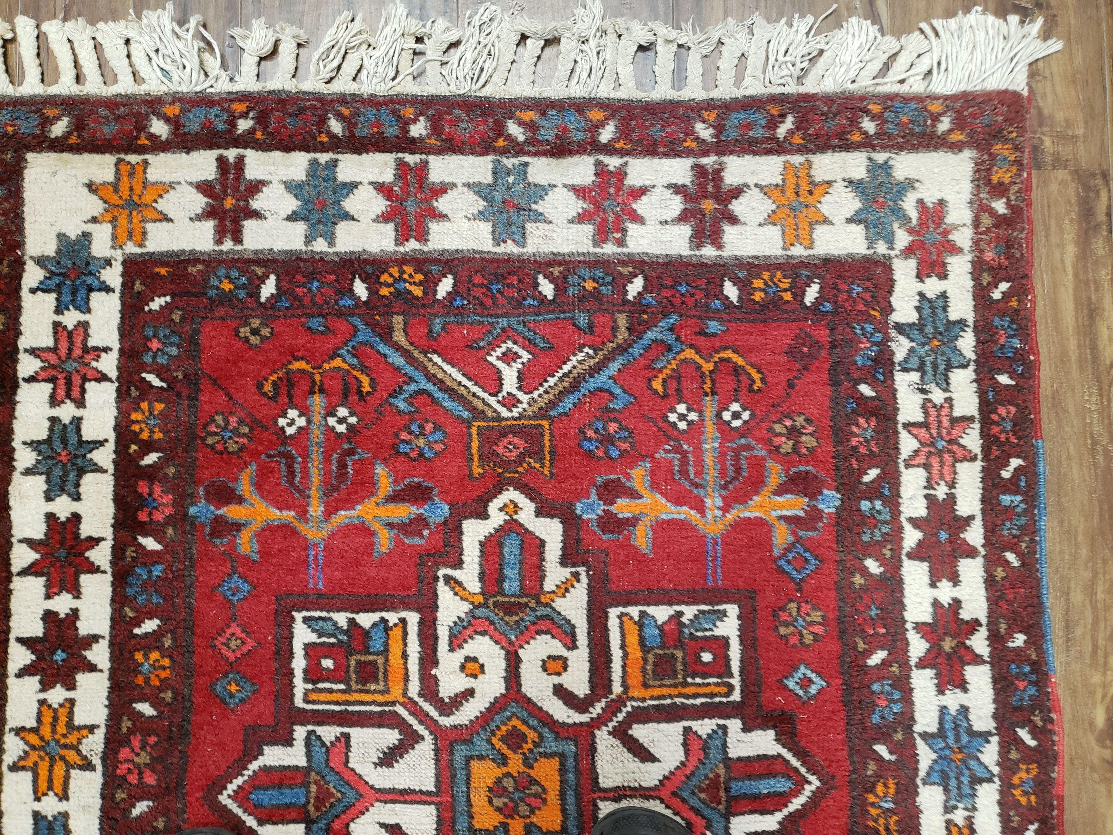 Antique Persian Heriz Karajeh Runner Rug 3x11, Hand-Knotted Red Geometric Medallions
