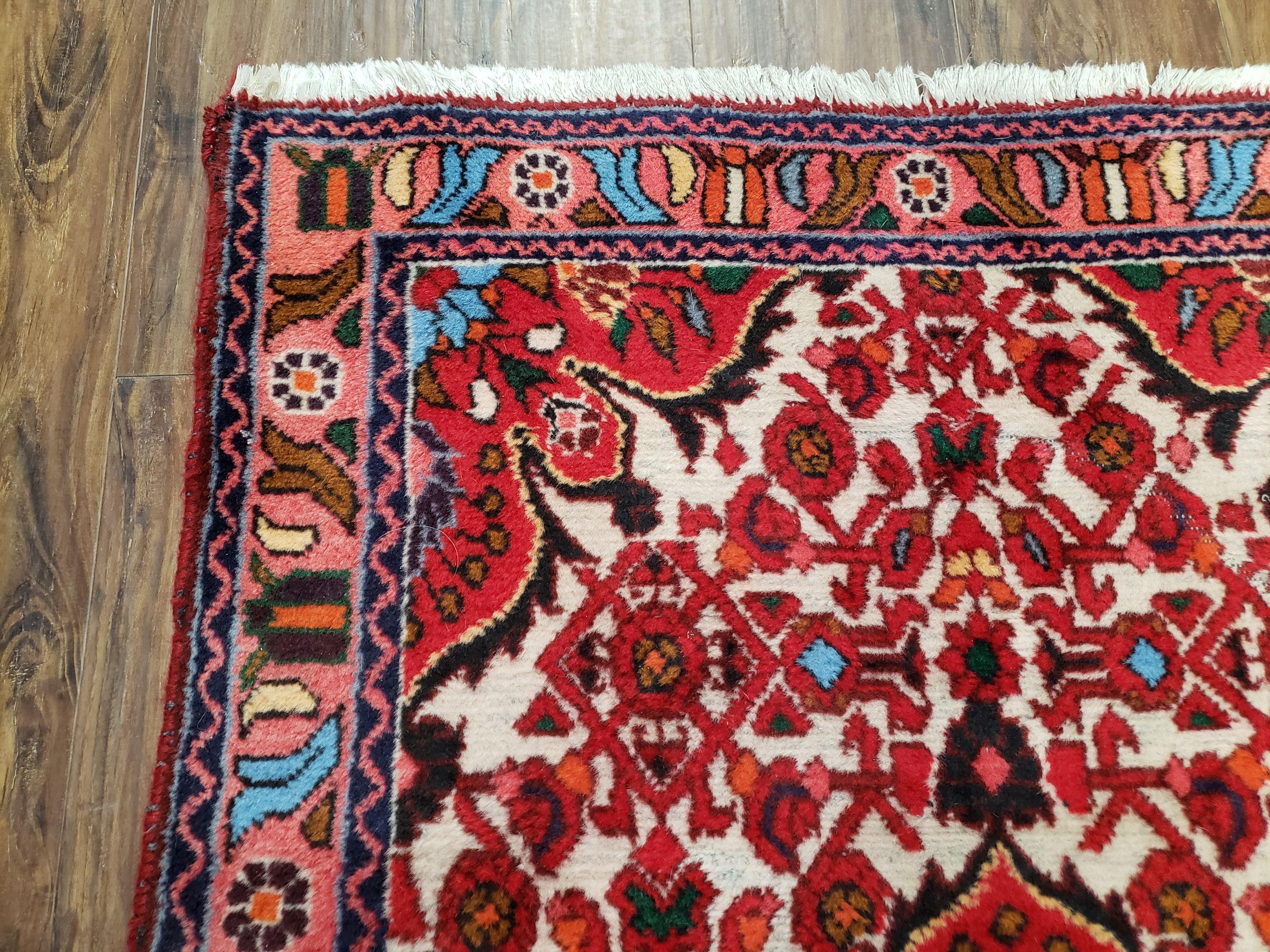 3' 2' X 5' 1" Handmade Floral Wool Rug Red Beige /Ivory