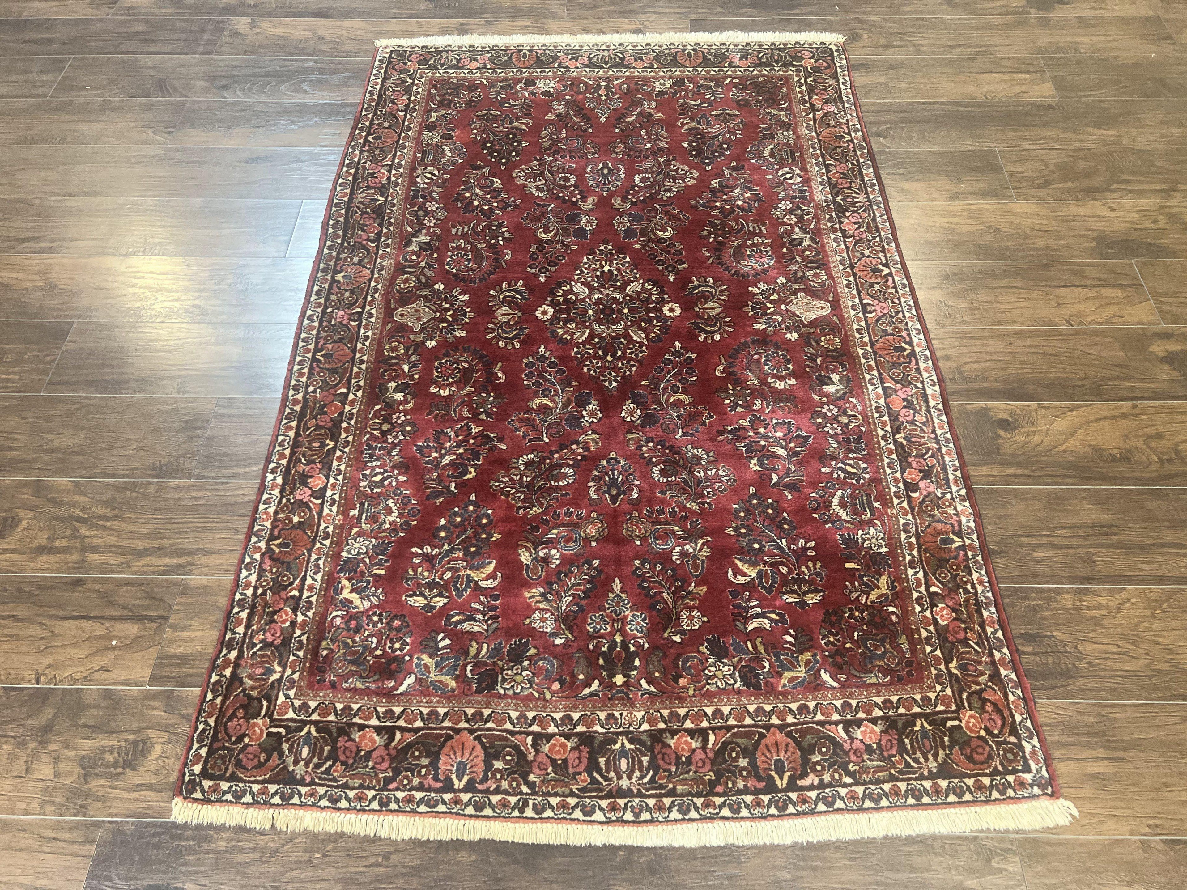 Antique Persian Sarouk Rug 4x7, Hand Knotted Wool Red Persian Carpet, Floral
