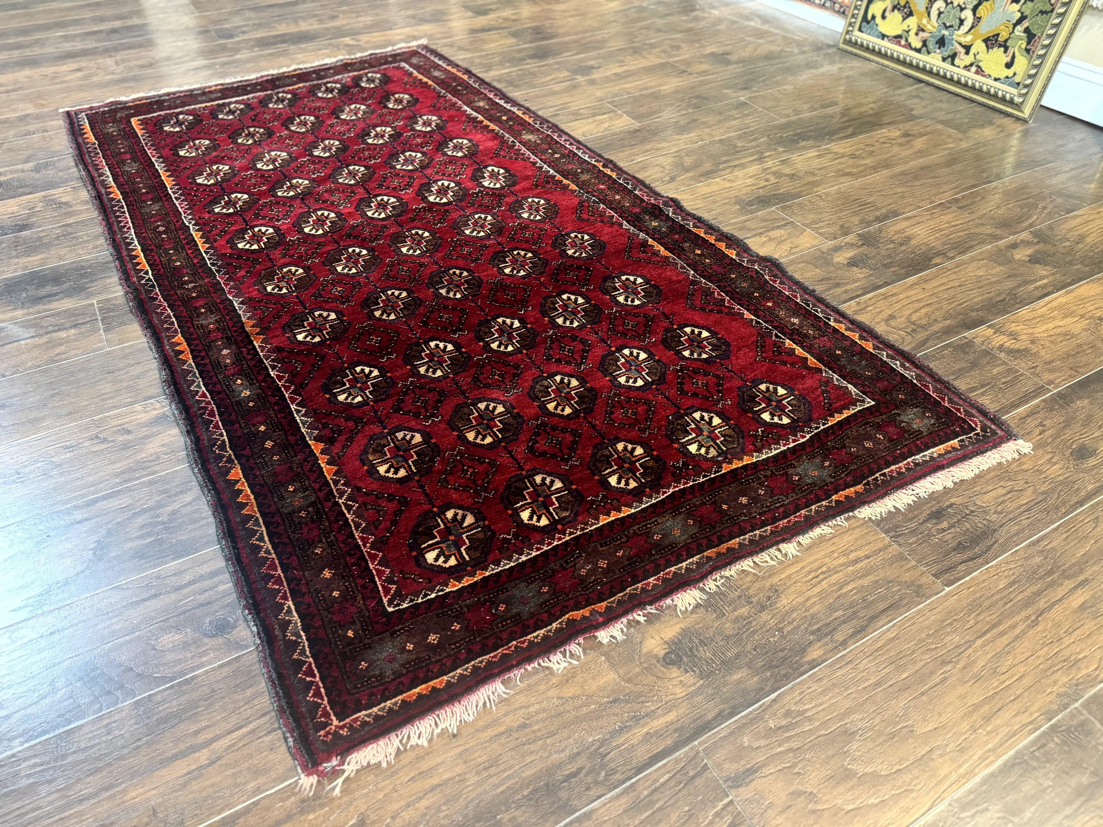 Persian Turkoman Tribal Rug 4x8, Handmade Vintage Wool Carpet, Red, Bohemian Rug