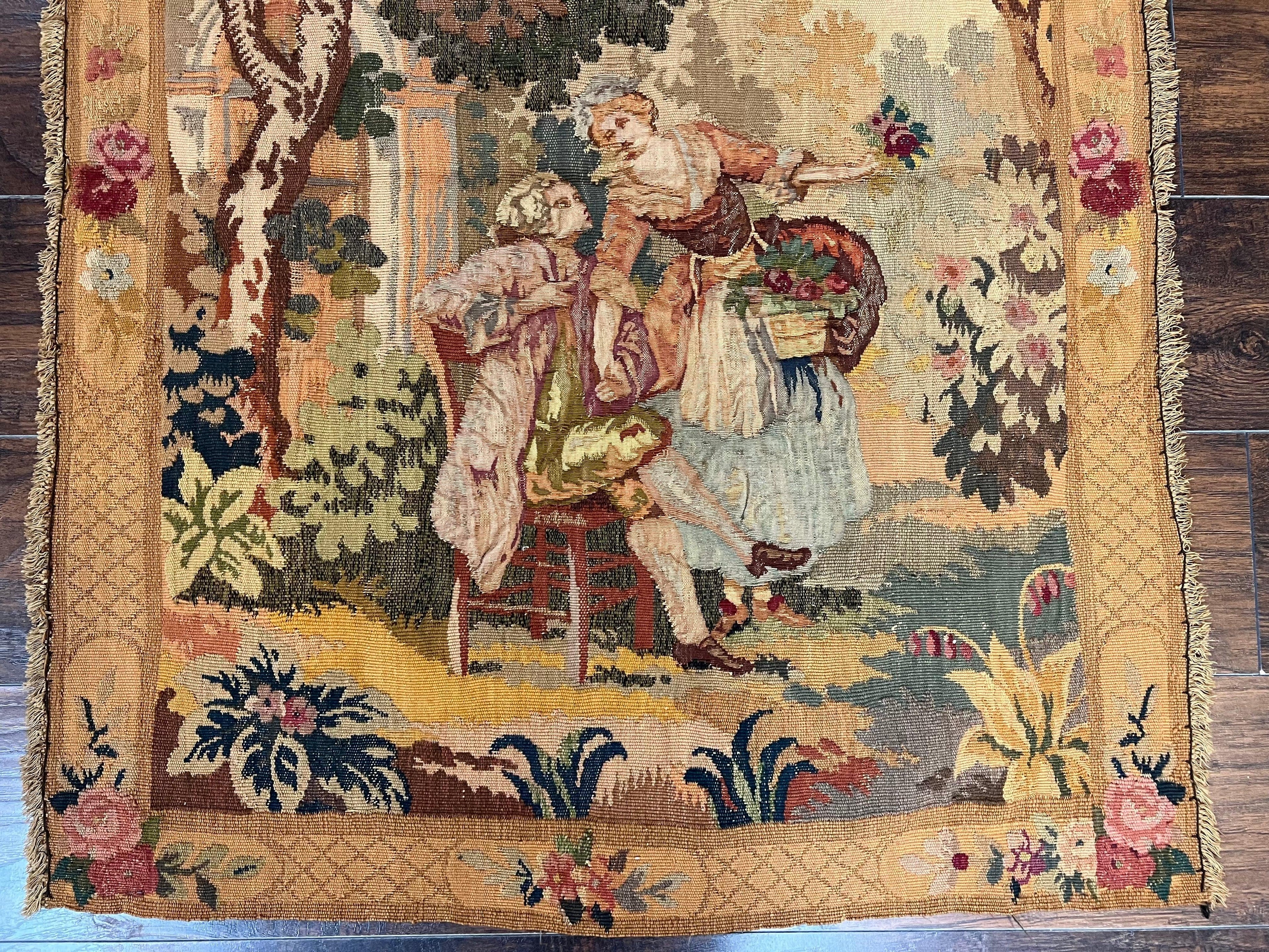 Antique Tapestry 3x4, European French Tapestry, Hand Loomed Victorian Tapestry, Vintage Wool Tapestry 3 x 4 ft