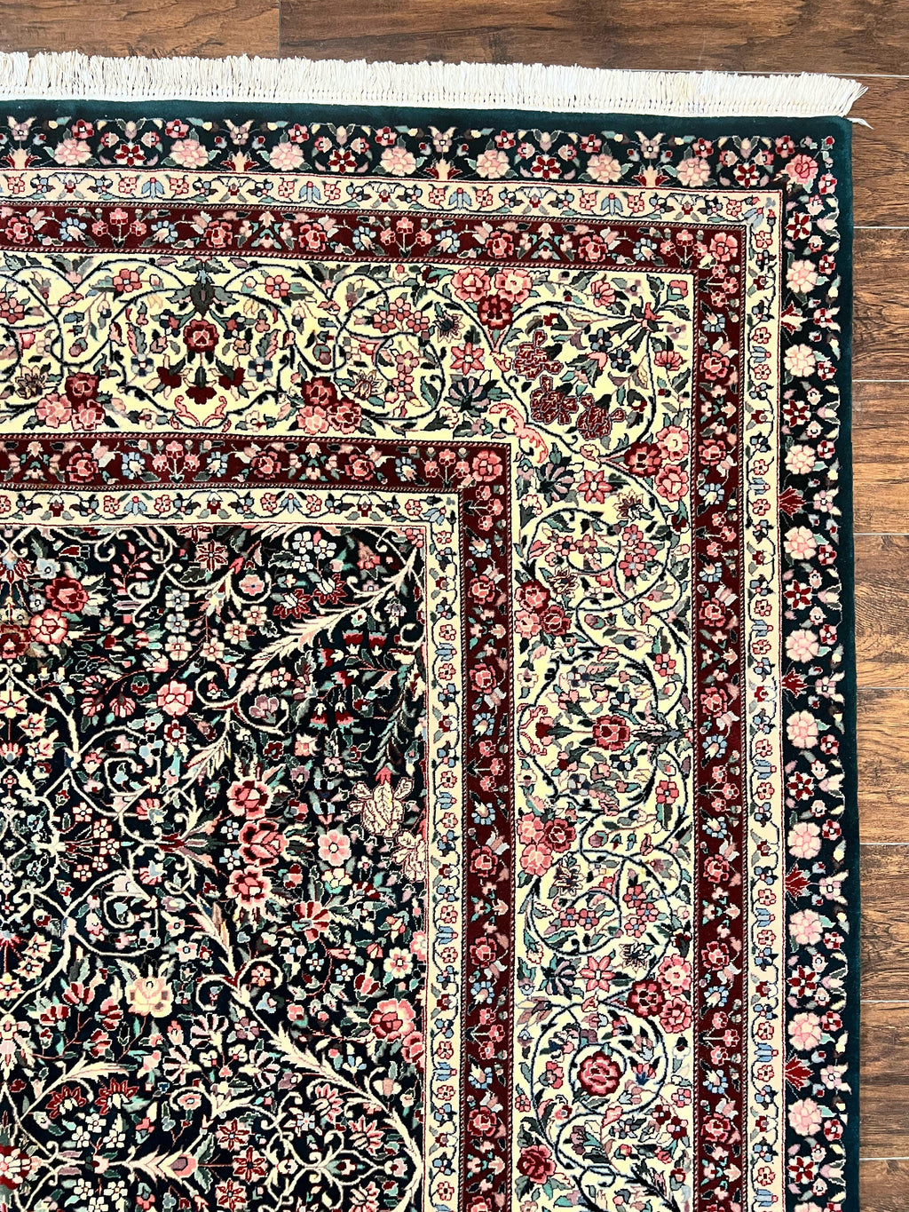 Large Sino Persian Rug 10x14, Wool Hand Knotted Vintage Carpet, Dark Green & Beige, Kirman Floral Rug, Fine Weave, Traditional, Large