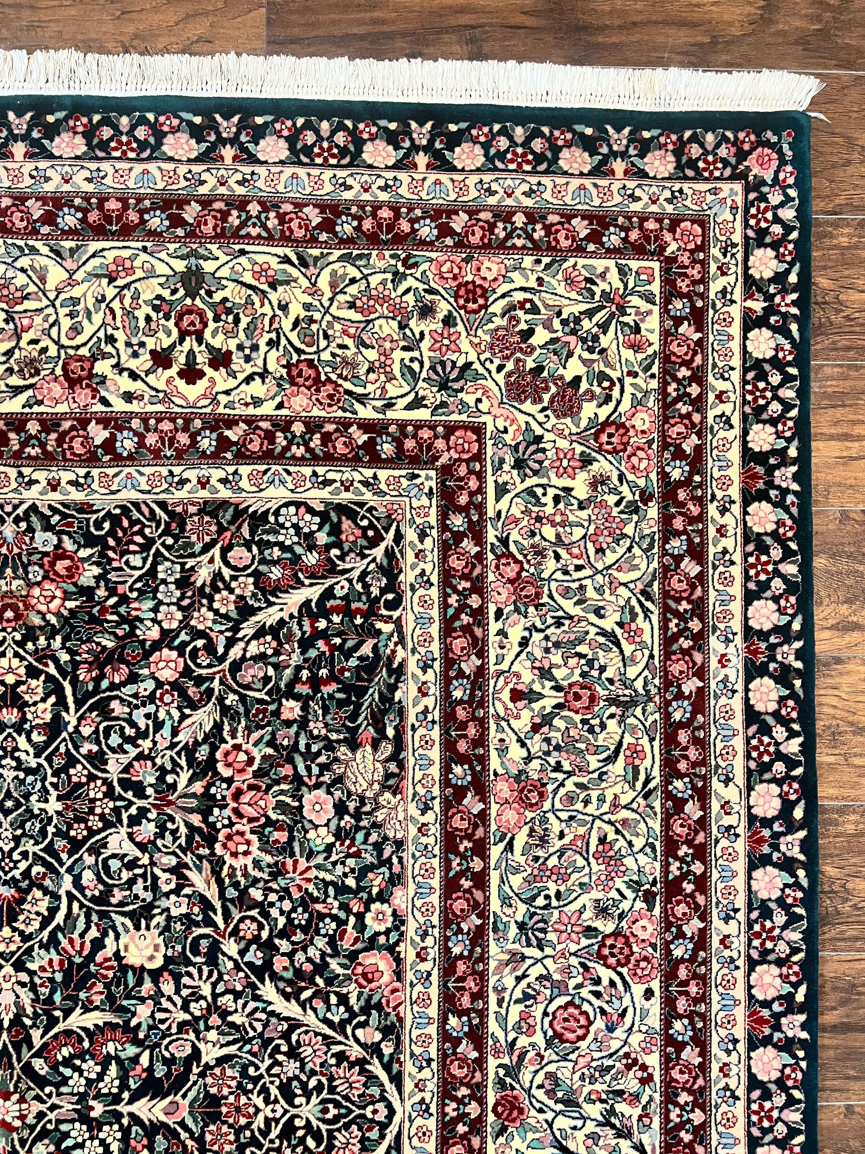 Large Sino Persian Rug 10x14, Wool Hand Knotted Vintage Carpet, Dark Green & Beige, Kirman Floral Rug, Fine Weave, Traditional, Large