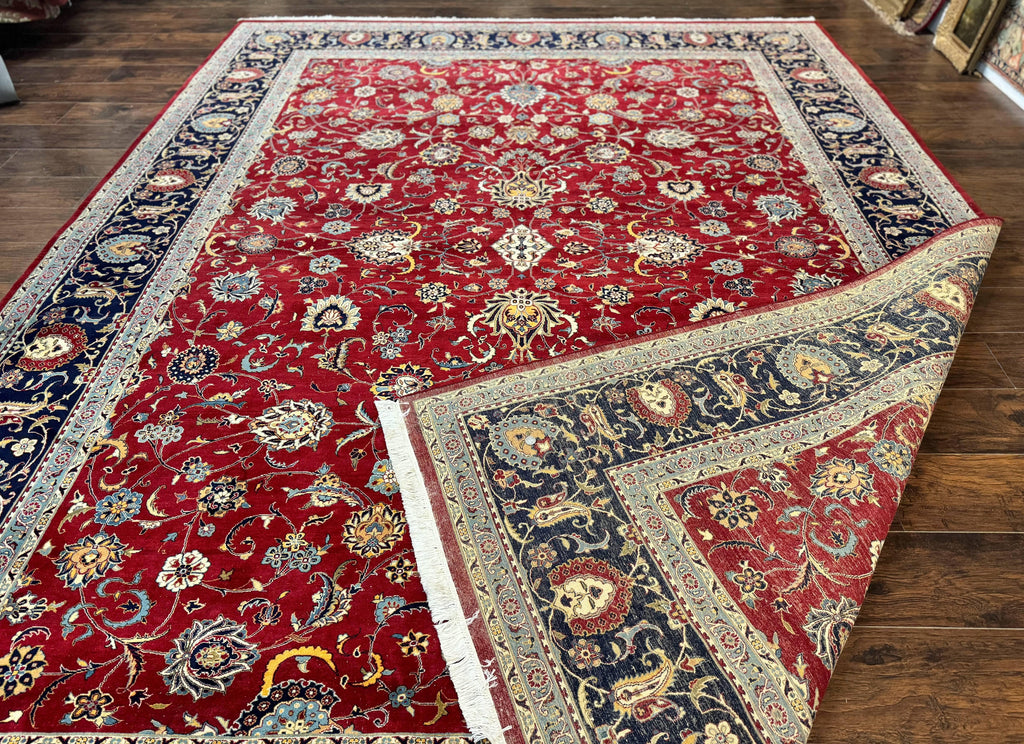 Pak Persian Rug 9x12, Red and Navy Blue, Floral Allover, Hand Knotted Vintage Wool Carpet, Fine 260 KPSI