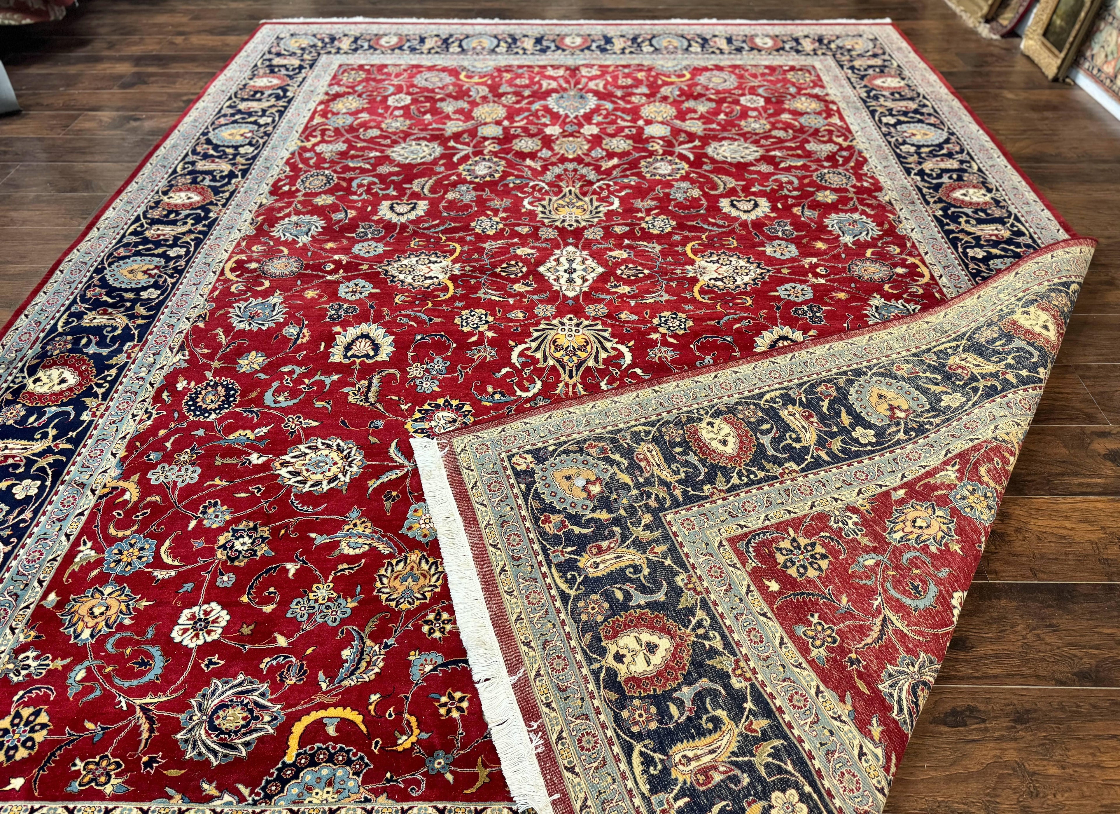 Pak Persian Rug 9x12, Red and Navy Blue, Floral Allover, Hand Knotted Vintage Wool Carpet, Fine 260 KPSI