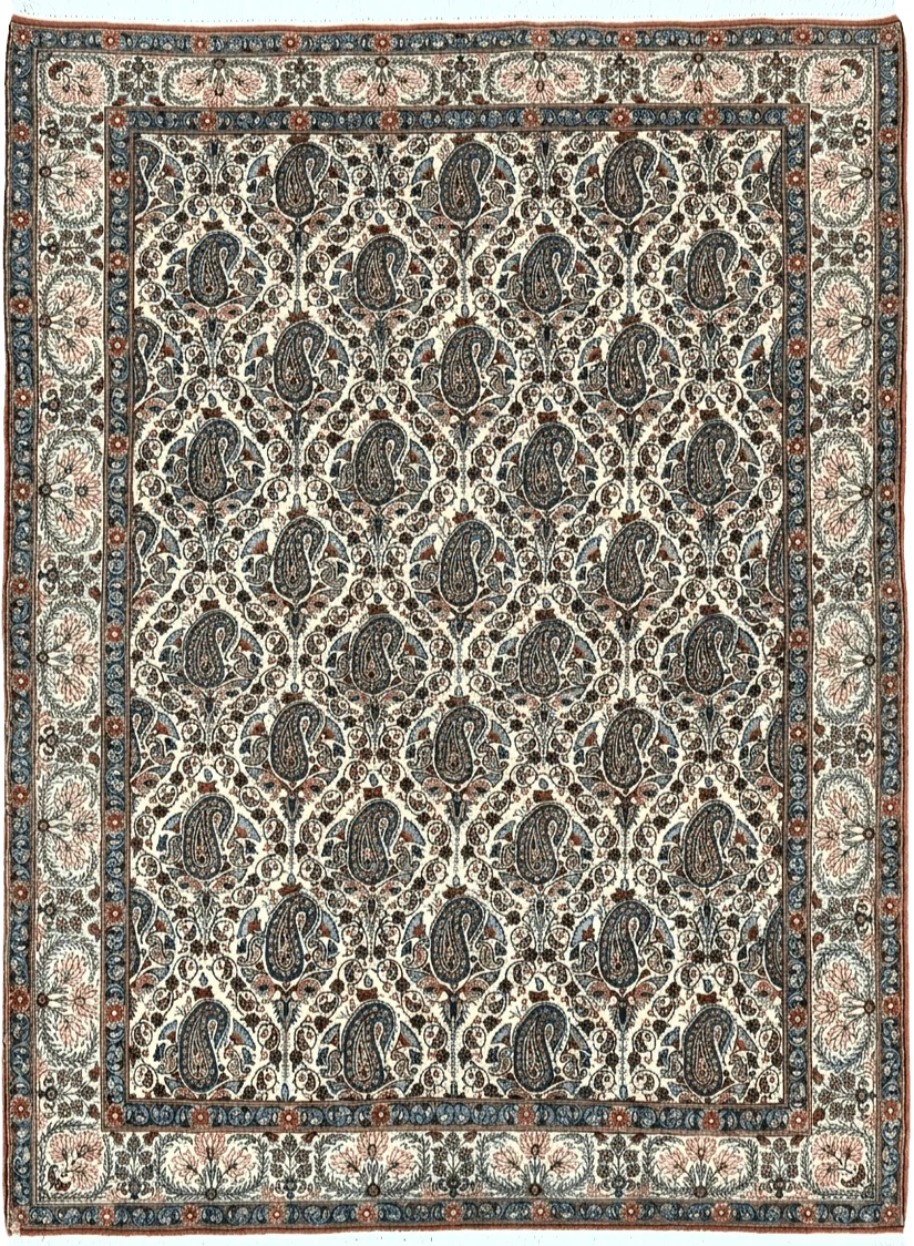 Persian Qum Rug 5x6, Cream Wool Hand Knotted Carpet, Repeated Boteh Paisely Design, Semi Antique Vintage Rug, Very Fine Weave 5 x 6 Rug