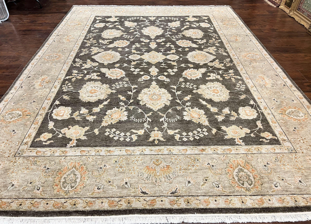 Indo Persian Rug 9x12, Sultanabad Indian Carpet, Dark Brown, Hand Knotted Vintage Wool Rug