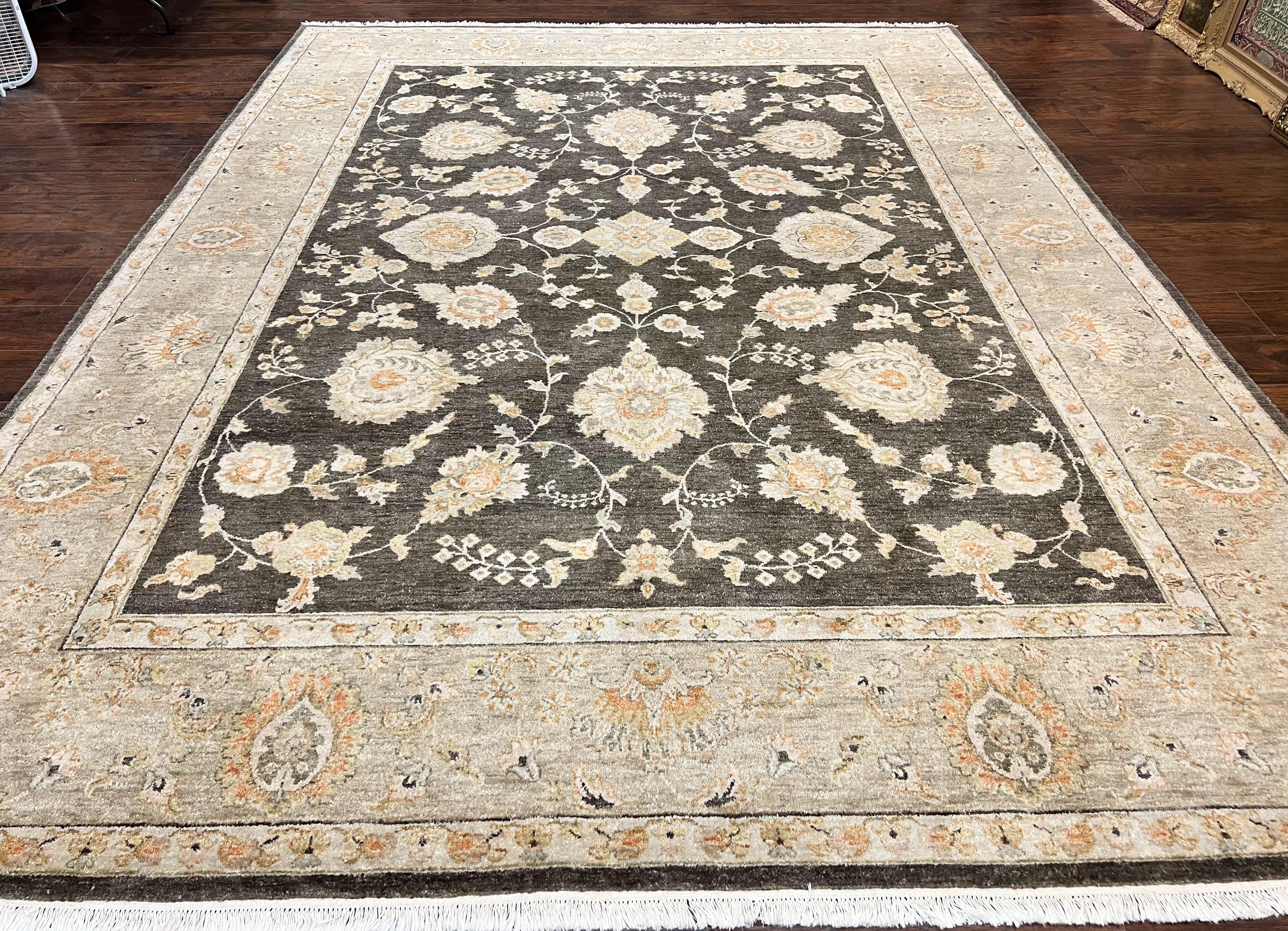 Indo Persian Rug 9x12, Sultanabad Indian Carpet, Dark Brown, Hand Knotted Vintage Wool Rug