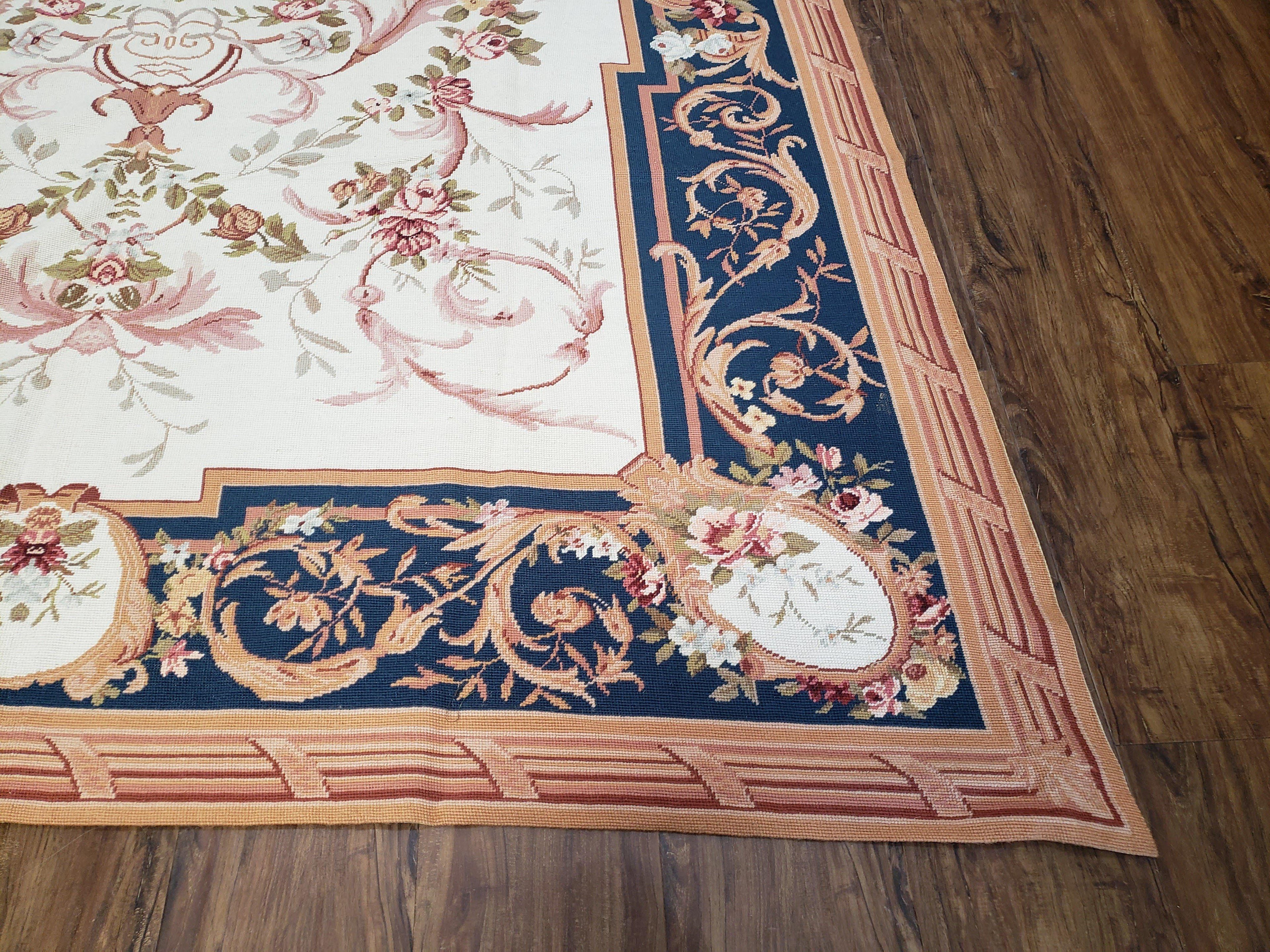 Chinese Aubusson Savonnerie Area Rug 6x8, Vintage Hand-Woven Needlepoint Rug, Flat Weave Handmade Wool Carpet Living Room Ivory & Navy Blue